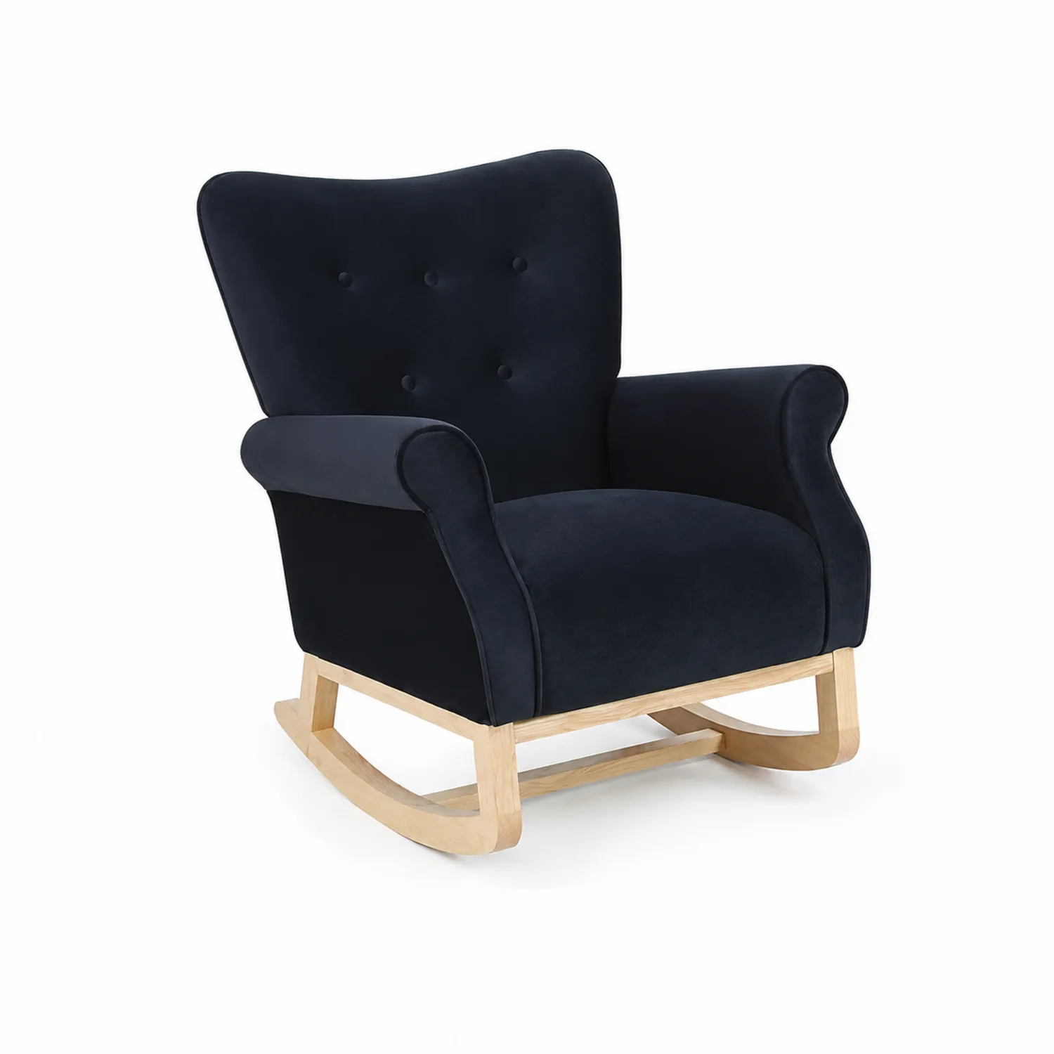 Poltrona a dondolo in velluto blu scuro con struttura in legno massello-Velwooda