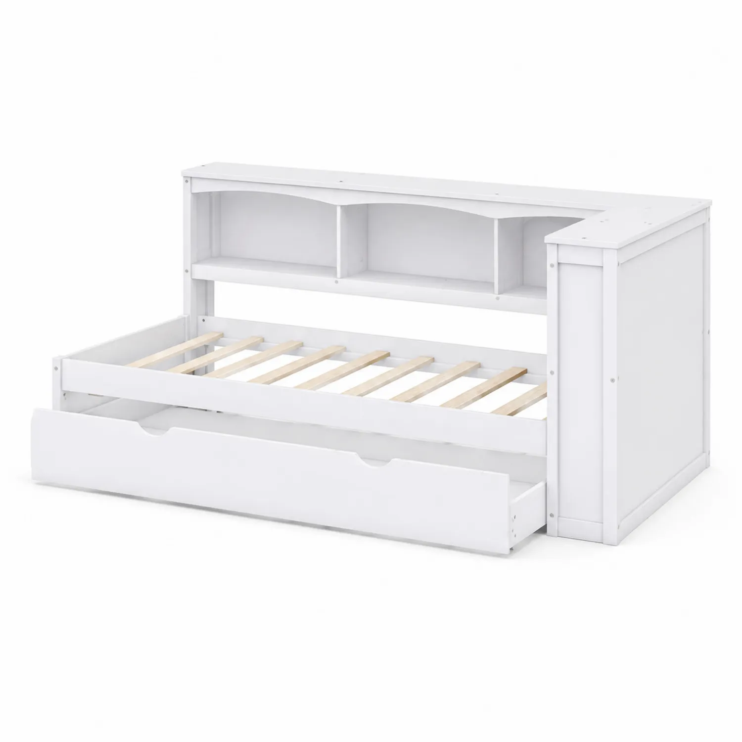 Letto singolo in legno MDF con cassetto e scaffali integrati-Velwooda