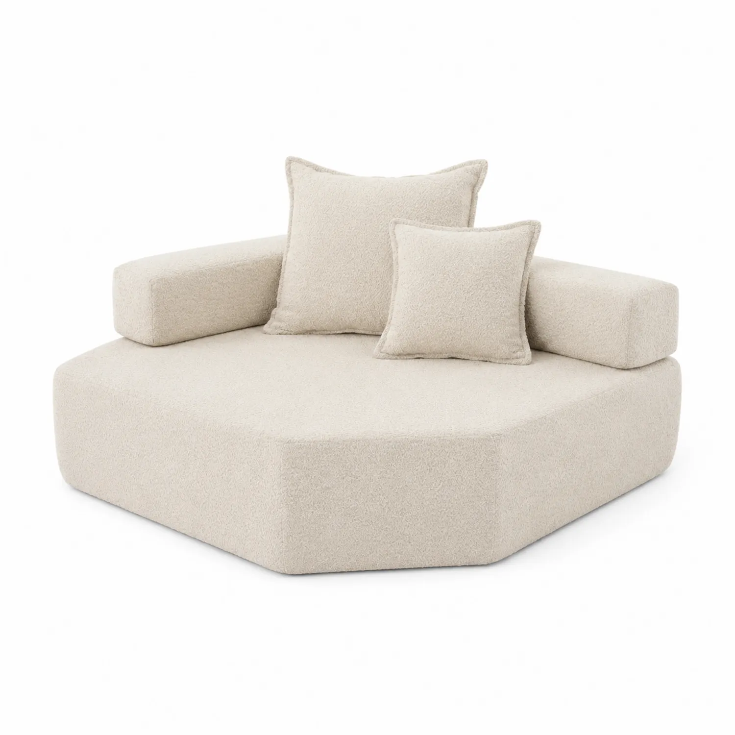 Divano esagonale in tessuto bouclé crema con cuscini-Velwooda