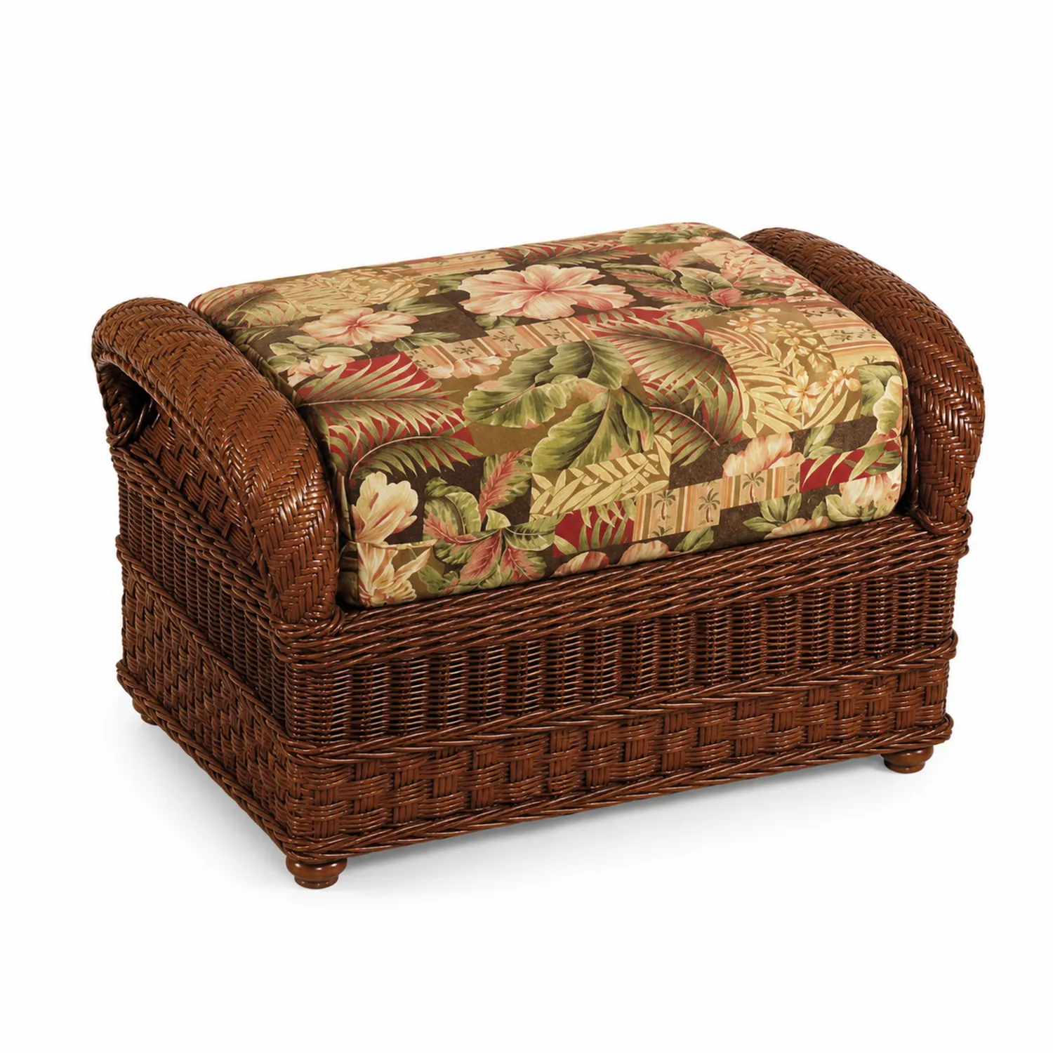 Pouf in Rattan Marrone con Cuscino Floreale-Velwooda