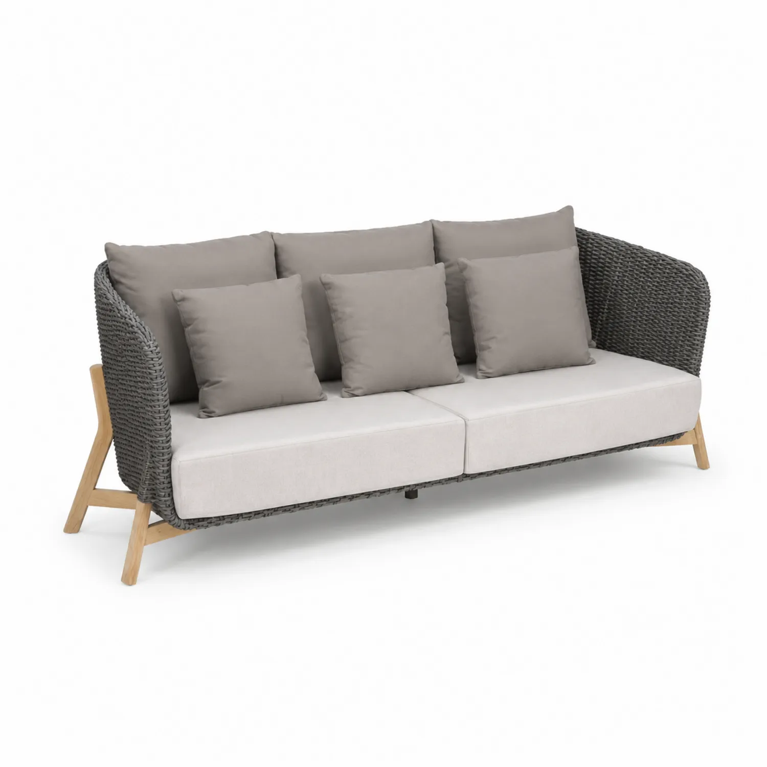 Divano da Esterno in Legno e Polyrattan con Cuscini Grigi-Velwooda