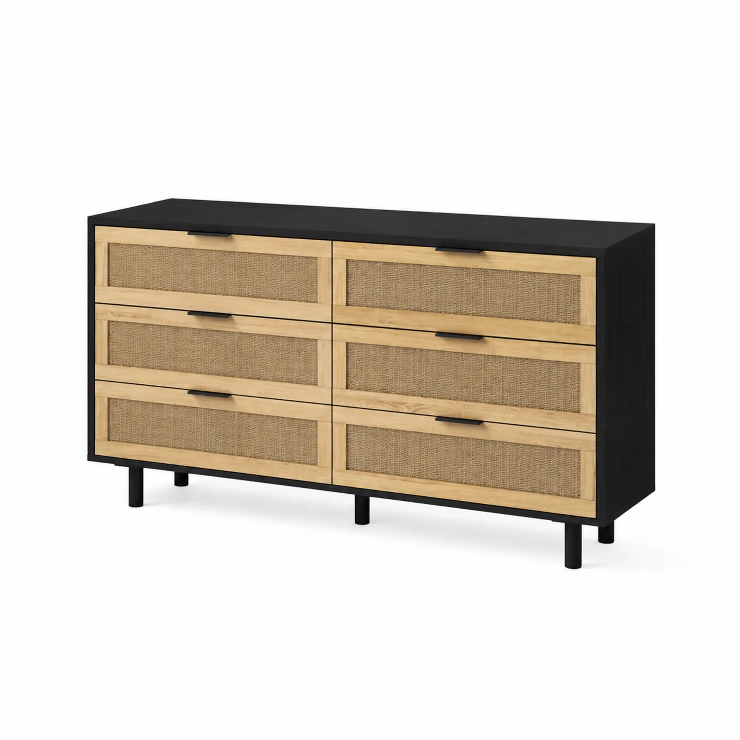 Credenza in Legno e Rattan Nero e Naturale con 6 Cassetti-Velwooda