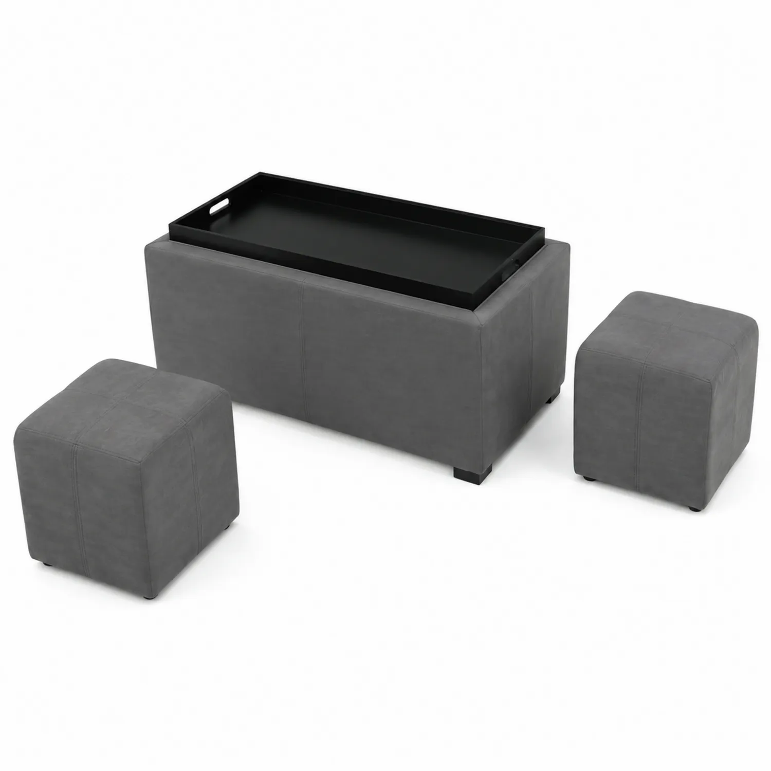 Set panca contenitore con vassoio e pouf in legno e tessuto grigi-Velwooda
