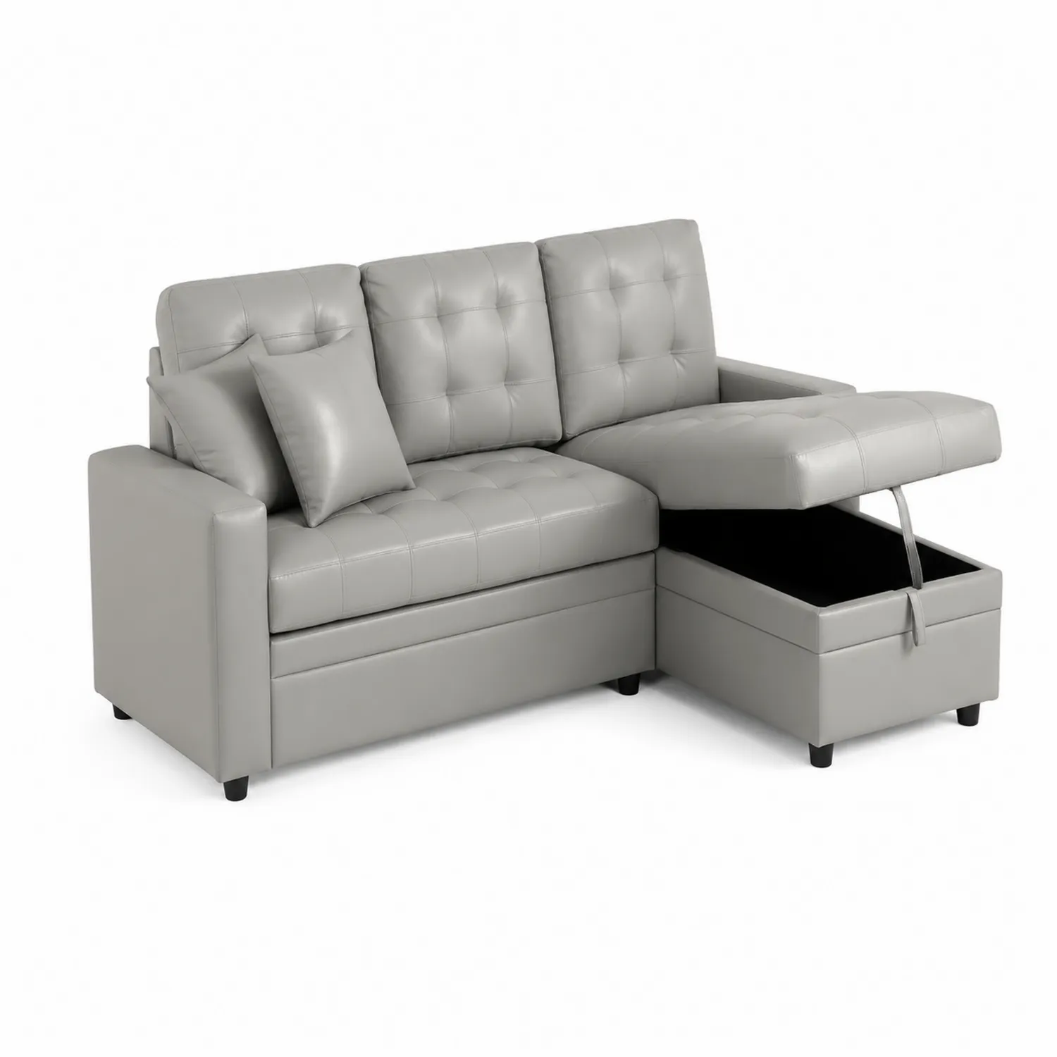 Divano Angolare in Pelle Sintetica Grigia con Chaise Longue e Cuscini-Velwooda