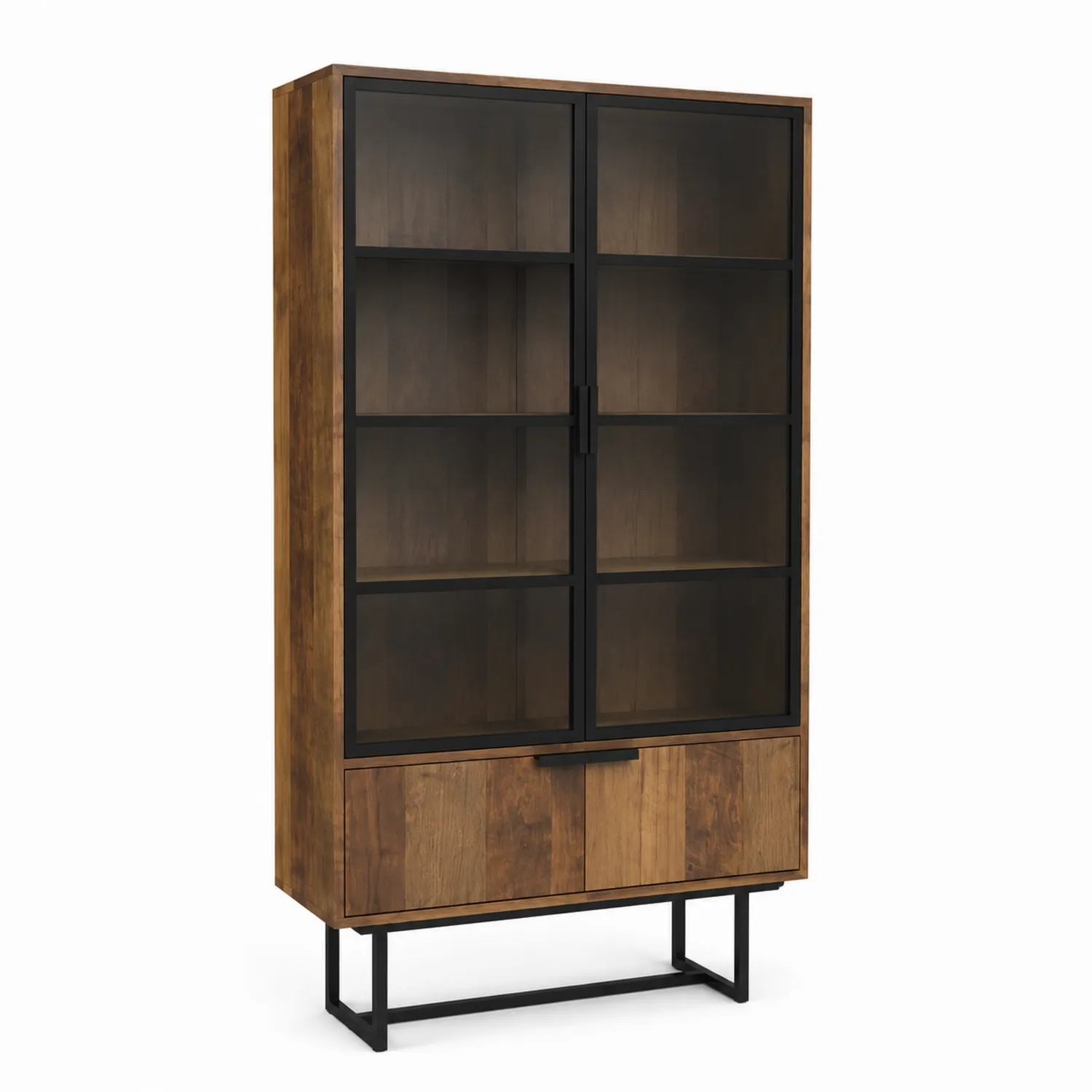 Credenza in Legno Massello e Metallo con Ante in Vetro Temperato 180x90x40 cm-Velwooda