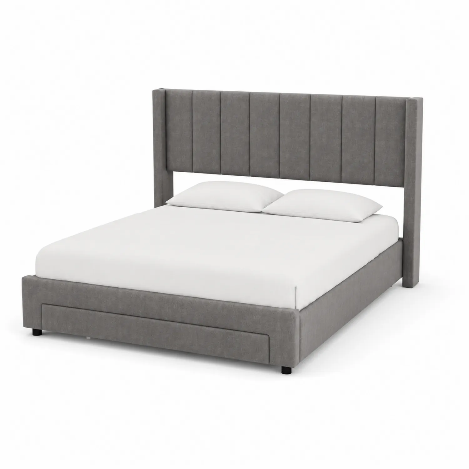 Letto in tessuto grigio con contenitore e testiera alta 160x200 cm-Velwooda