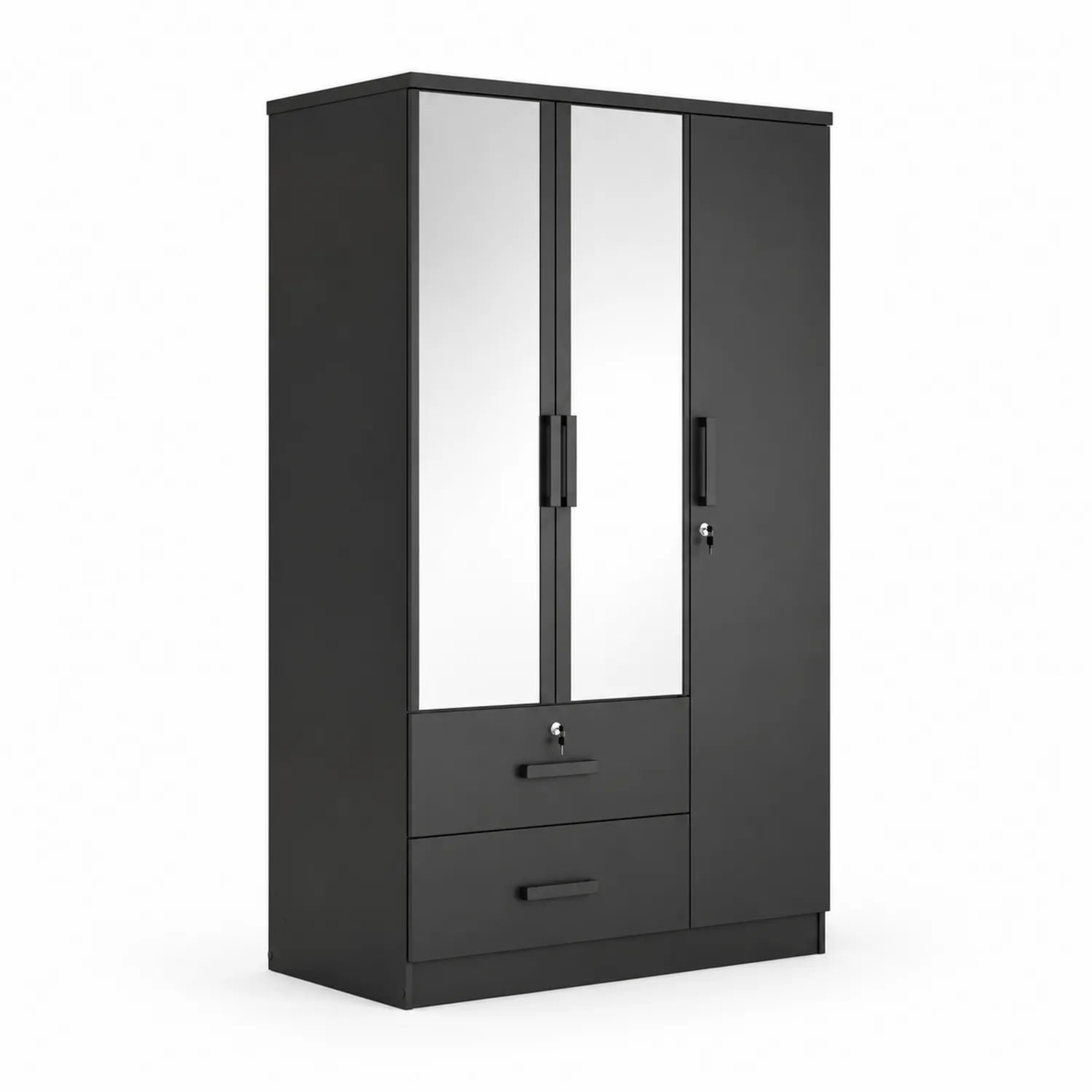 Armadio con Specchio in Legno Composito Nero con Cassetti e Serratura-Velwooda