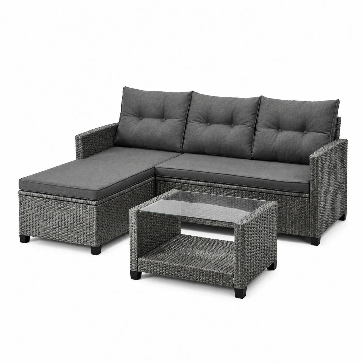 Set Divano Angolare in Rattan Grigio da Esterno con Cuscini e Tavolino in Vetro Temperato-Velwooda