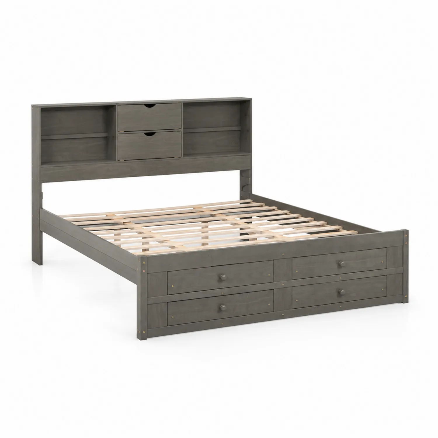 Letto matrimoniale in legno con cassetti e mensole grigio 140x200 cm-Velwooda