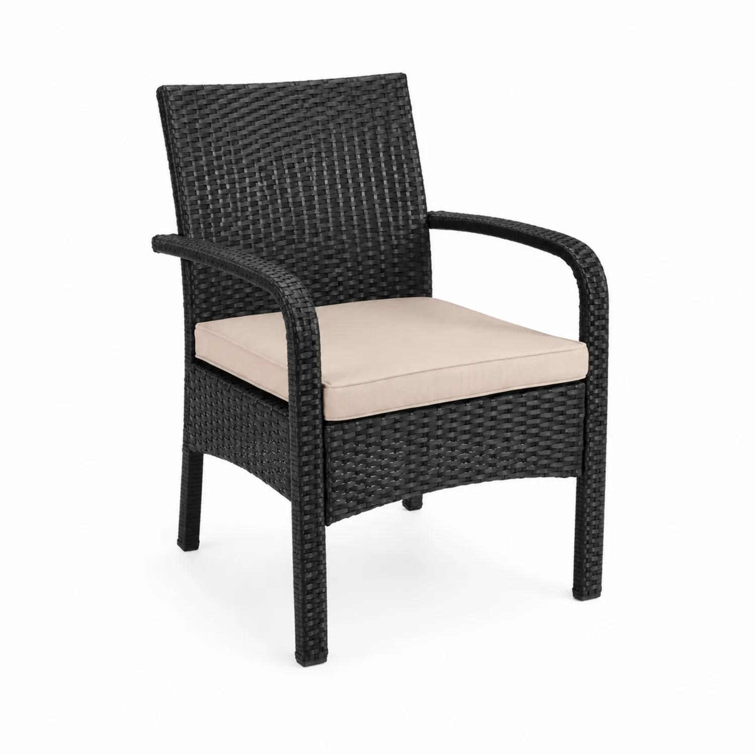 Sedia da giardino in rattan sintetico nero con cuscino in poliestere beige-Velwooda