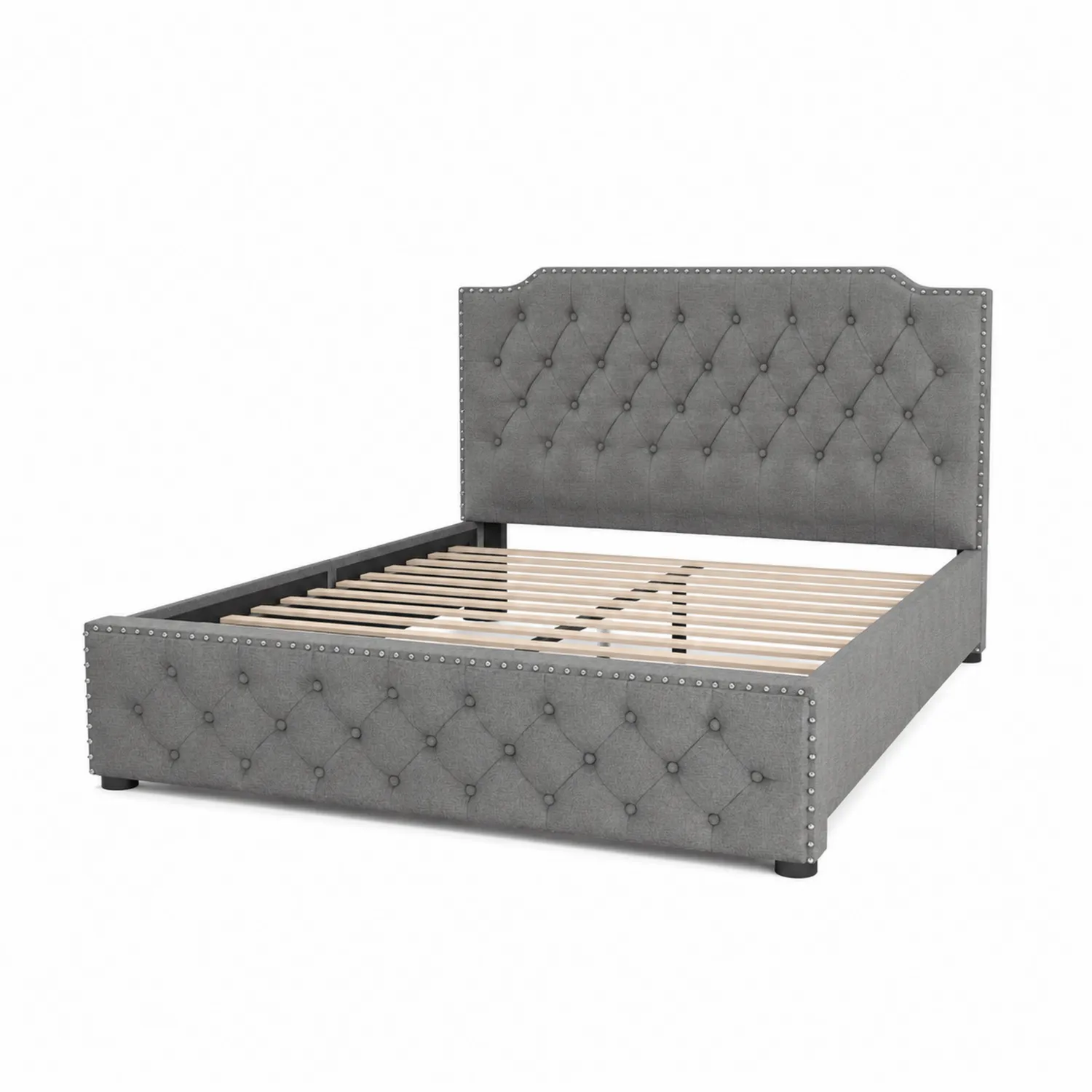 Letto in tessuto grigio con testiera trapuntata 160x200 cm-Velwooda