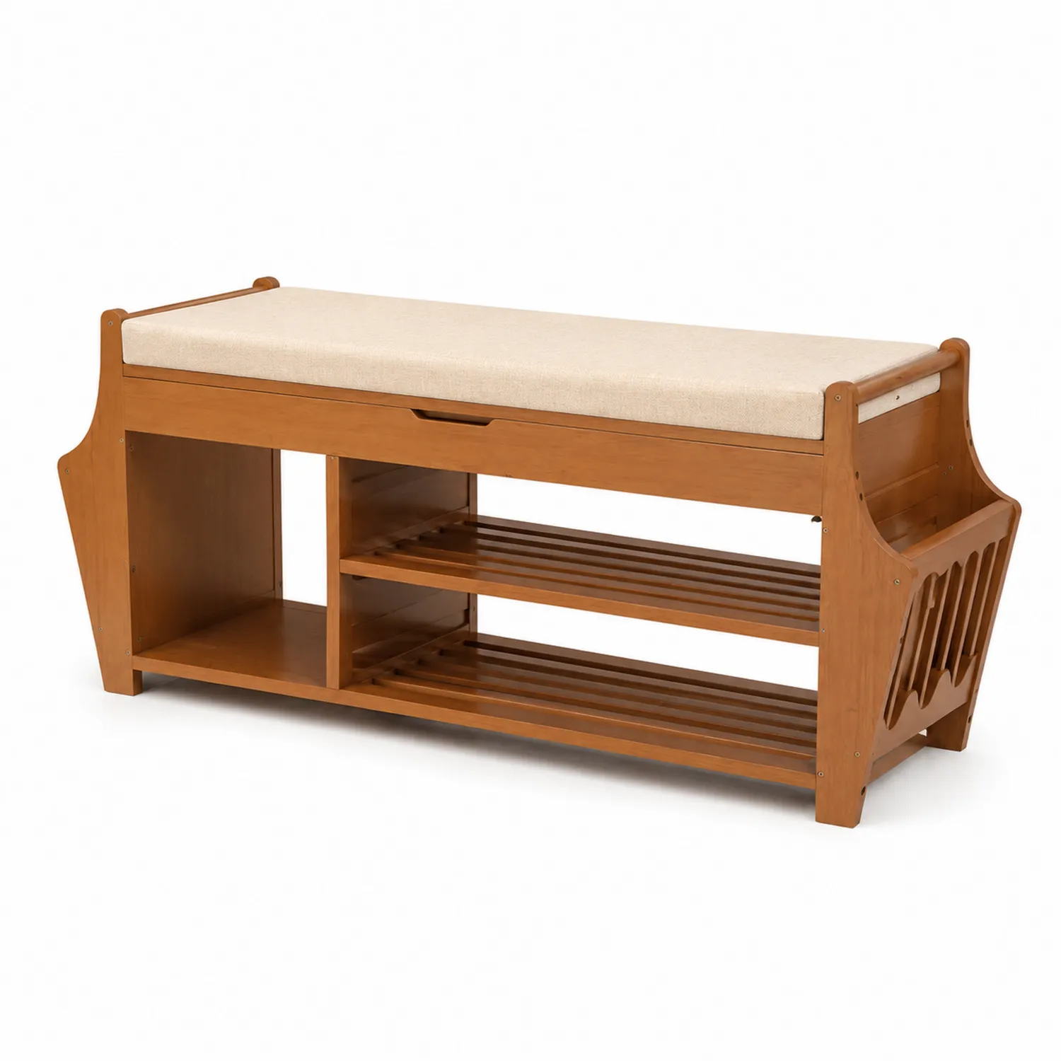 Panca in legno con cuscino in tessuto beige e ripiani-Velwooda