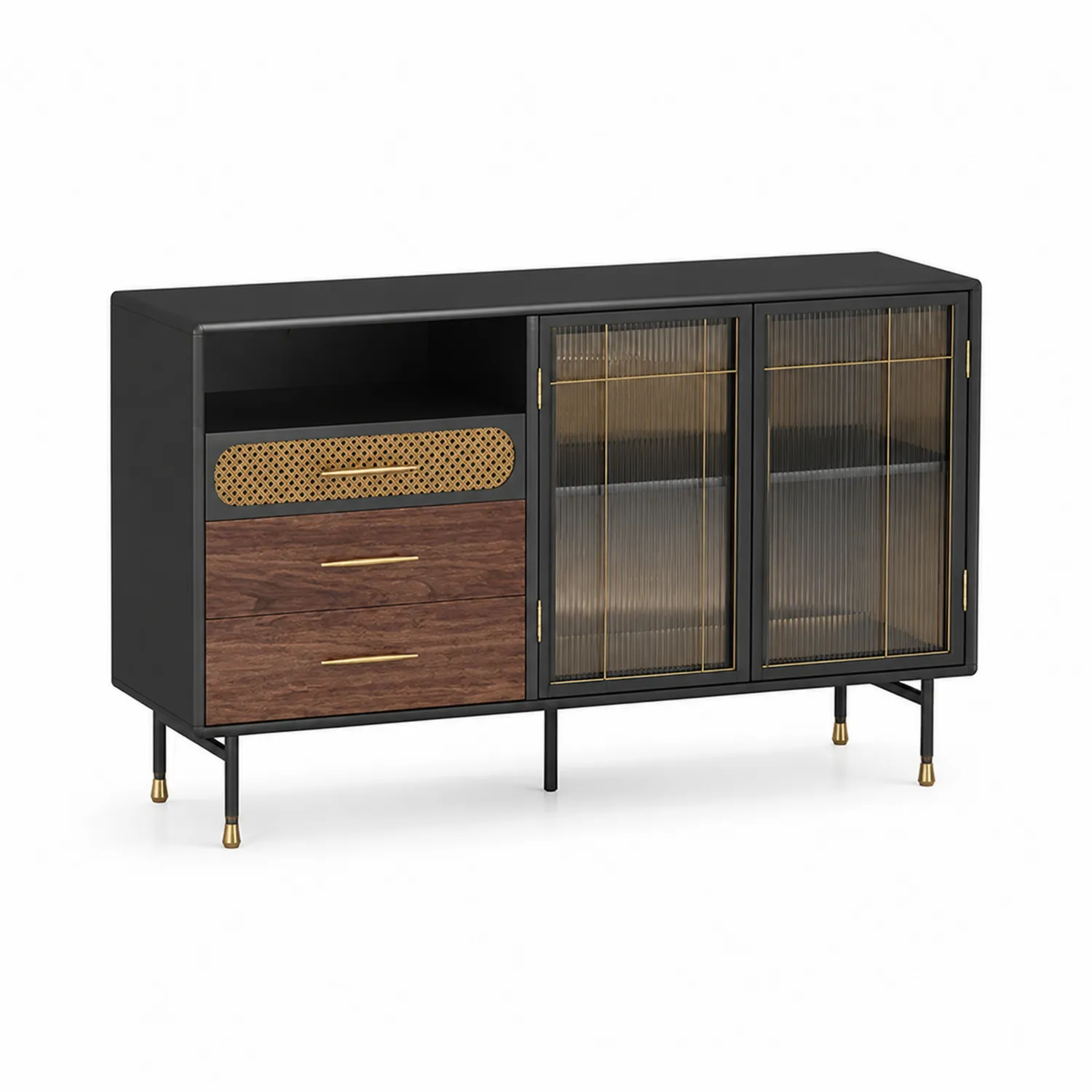 Credenza in metallo con ante in vetro e cassetti in legno-Velwooda