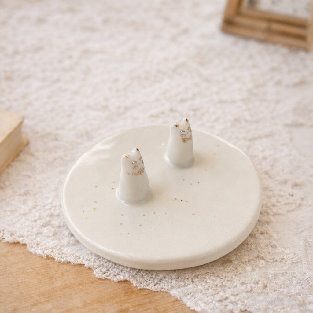 Ceramic Cat Jewelry Dish Small Decorative Tray for Bedroom and Vanity Décor