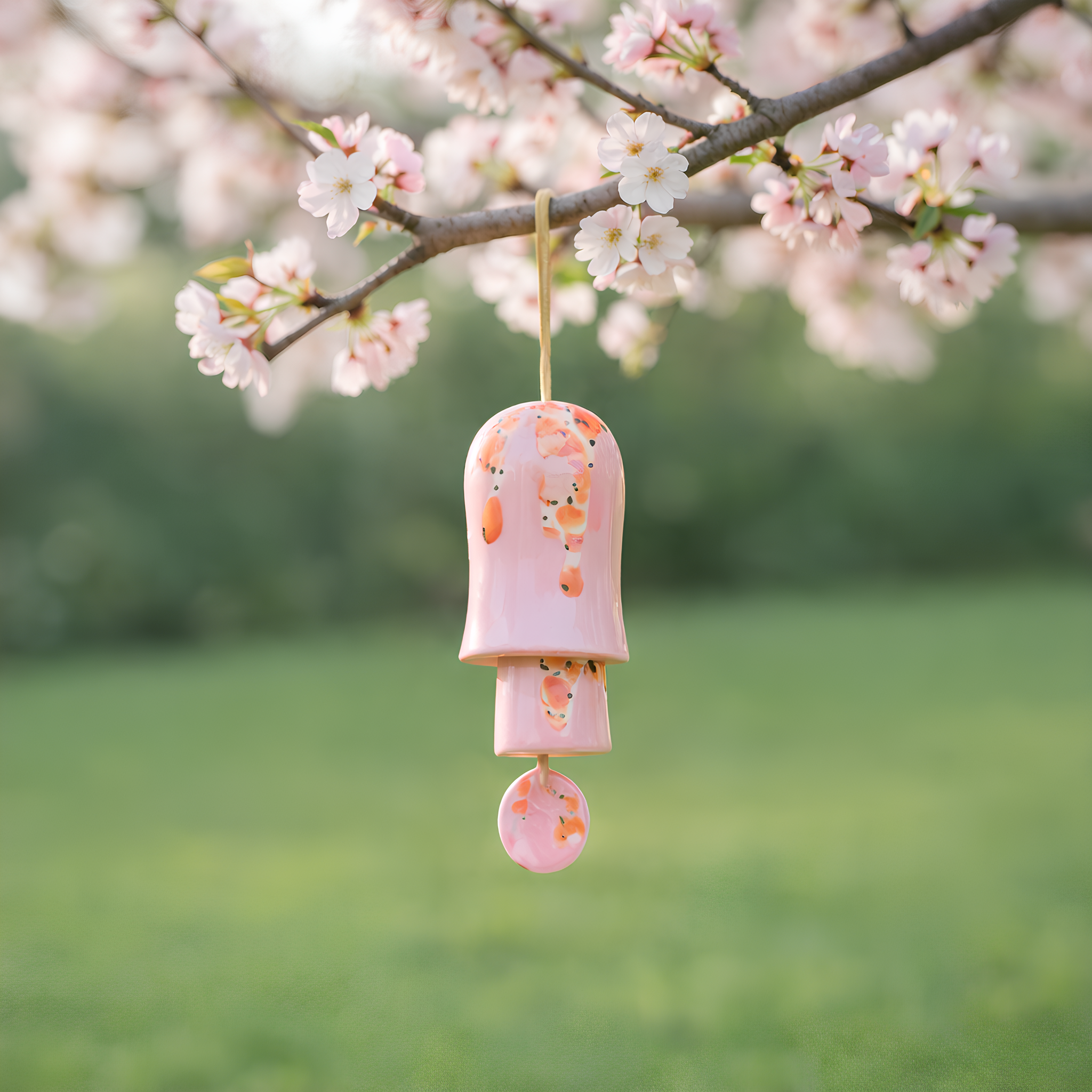 Ceramic Pink Koi Pattern Wind Chime Painted Hanging Decor for Home Entry Display