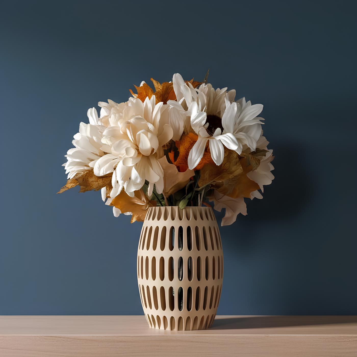 Beige Cutout Decorative Vase with Sculptural Oval Design for Home Interiors