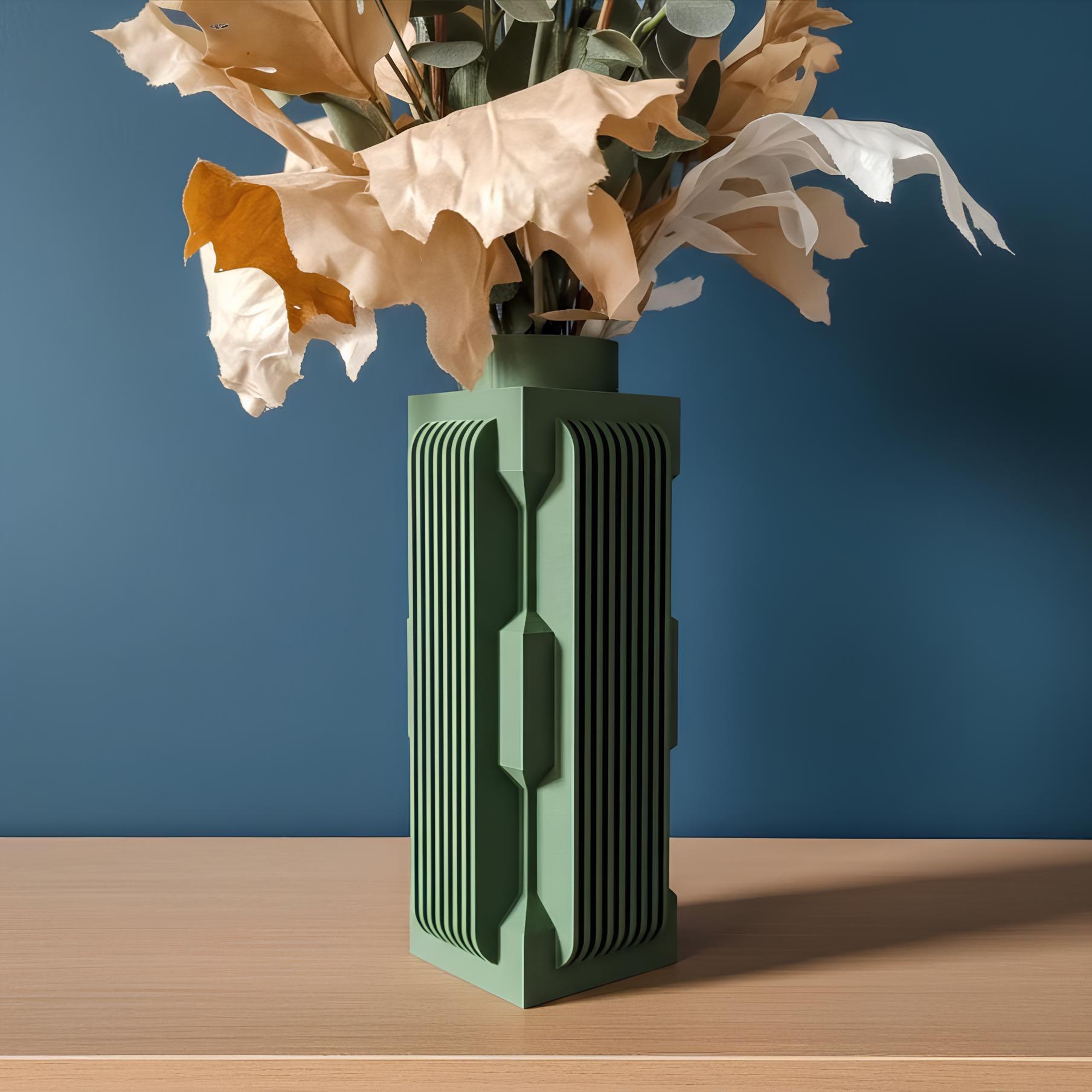 Green Geometric Decorative Vase with Angular Ridges for Home Décor