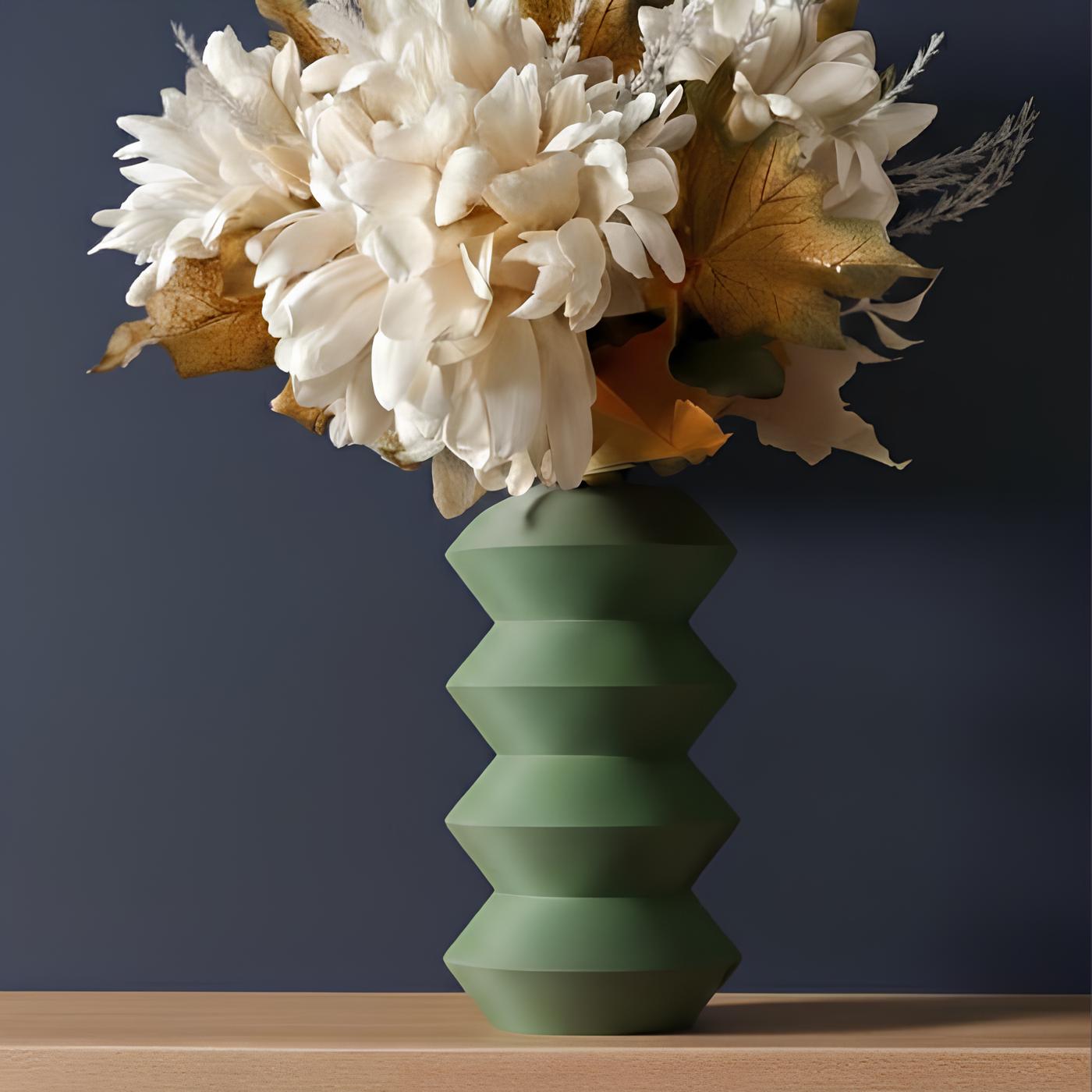 Green Angular Decorative Vase with Layered Geometric Form for Home Interiors