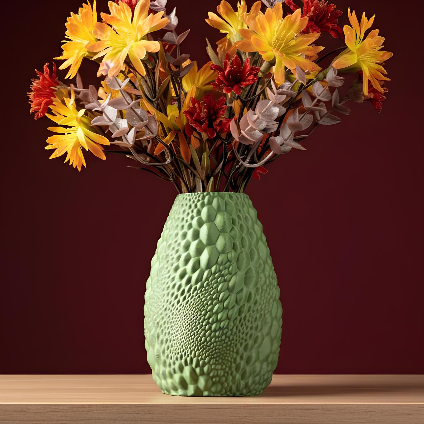 Green Textured Decorative Vase with Organic Pattern for Interior Styling