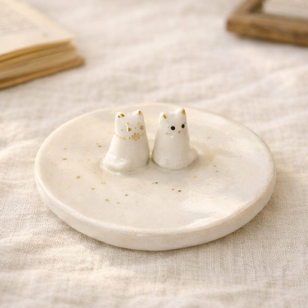 Ceramic Cat Jewelry Dish Small Decorative Tray for Bedroom and Vanity Décor