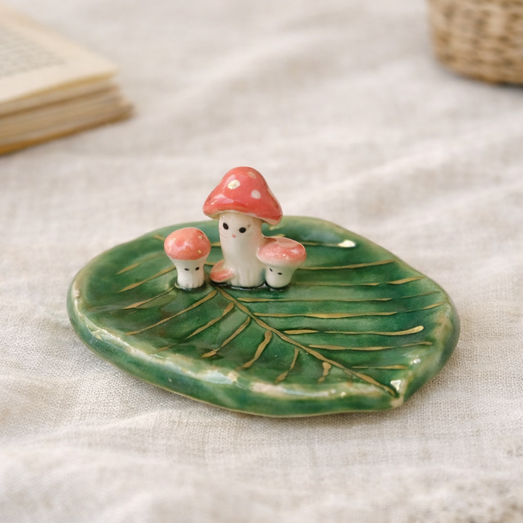 Ceramic Leaf Jewelry Dish Mushroom‑Accent Decorative Tray for Home Vanity Display