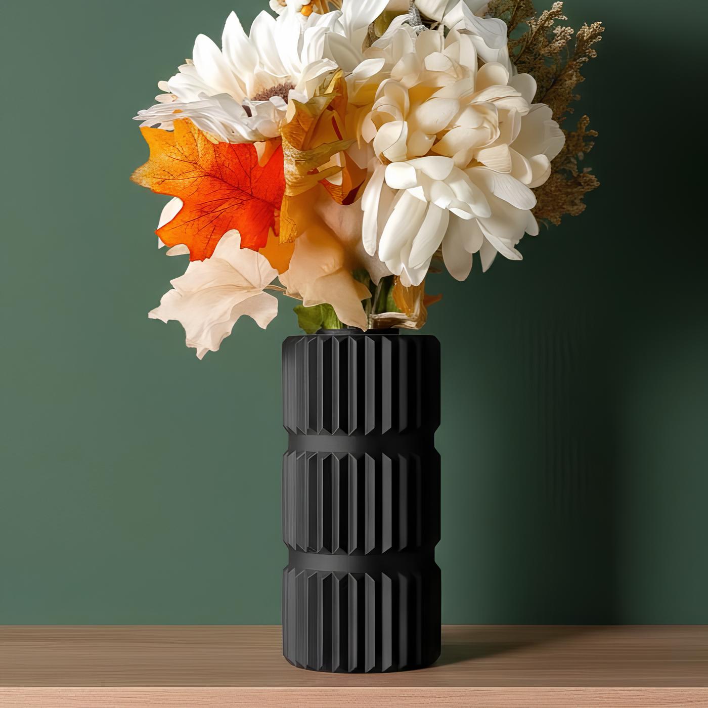 Black Geometric Decorative Vase with Vertical Ridges for Home Interiors