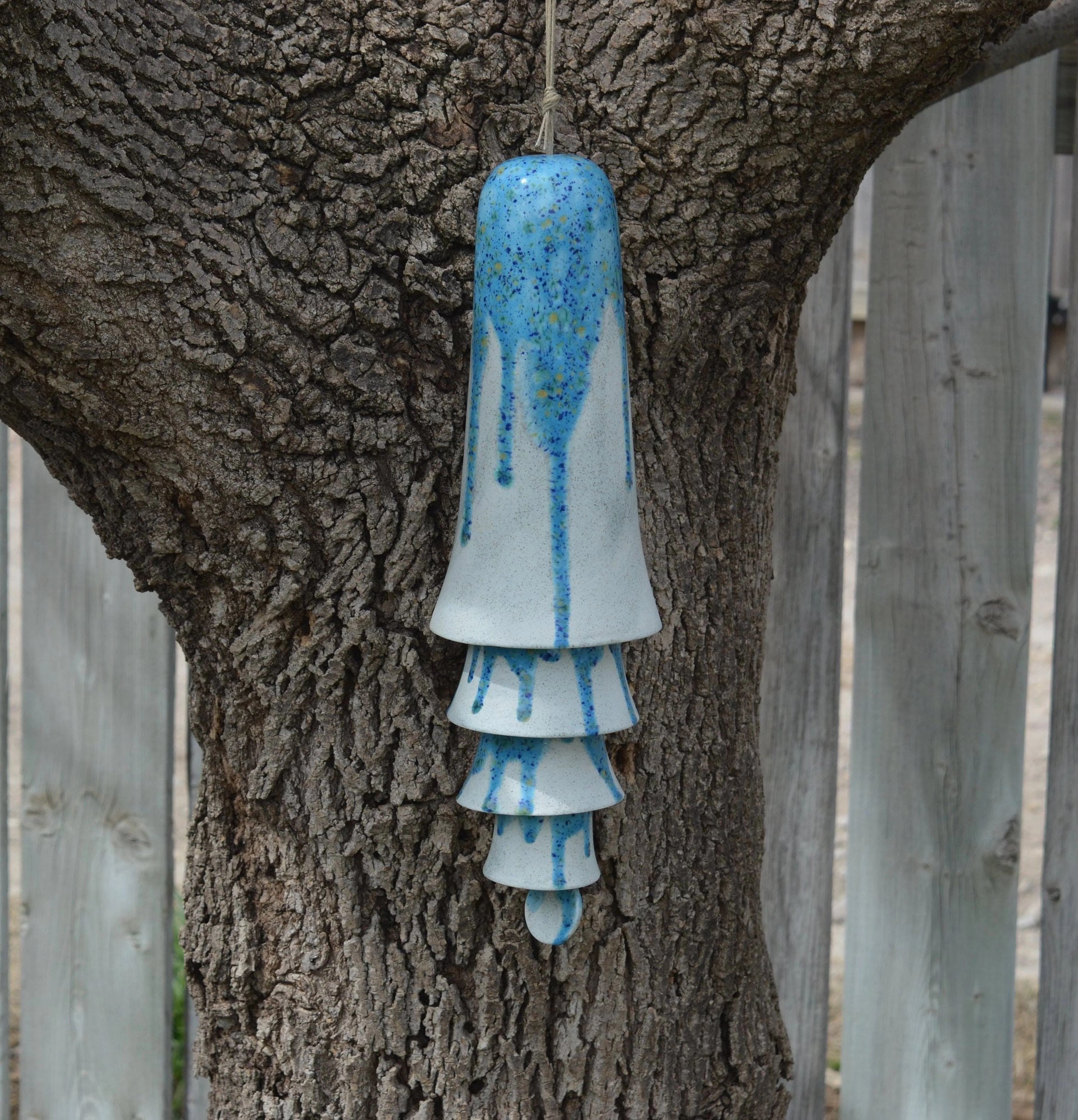 Ceramic White Blue Drip Glaze Wind Chime Layered Hanging Decor for Home Corner Display