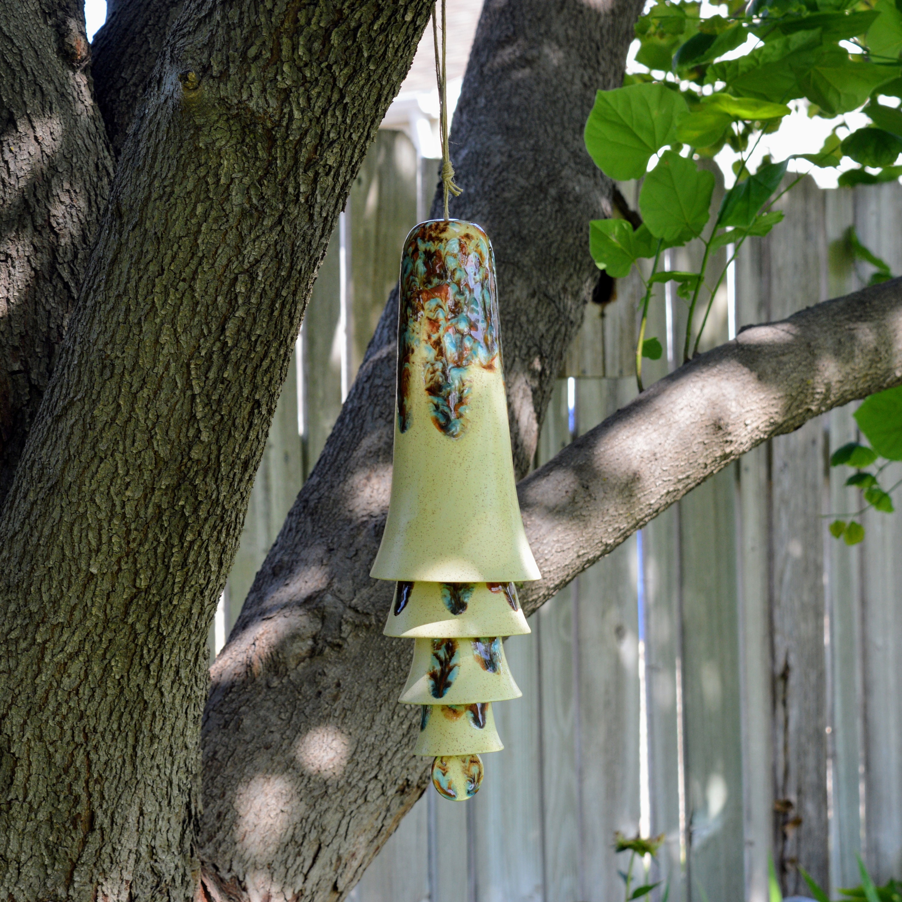 Ceramic Cream Blue Glaze Wind Chime Layered Hanging Decor for Home Reading Nook Display