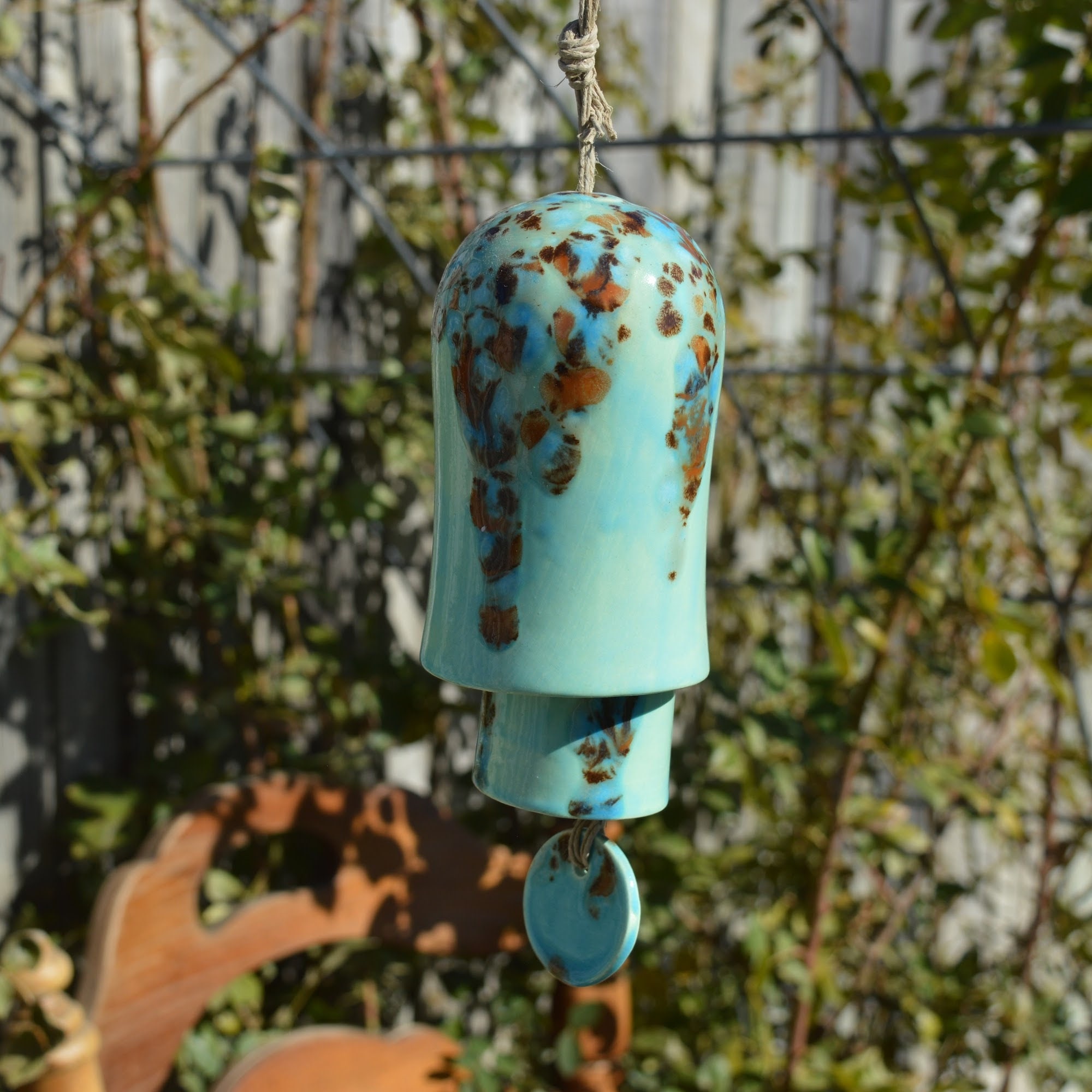 Ceramic Turquoise Speckled Glaze Wind Chime Bell‑Shaped Hanging Decor for Home Garden Nook Display