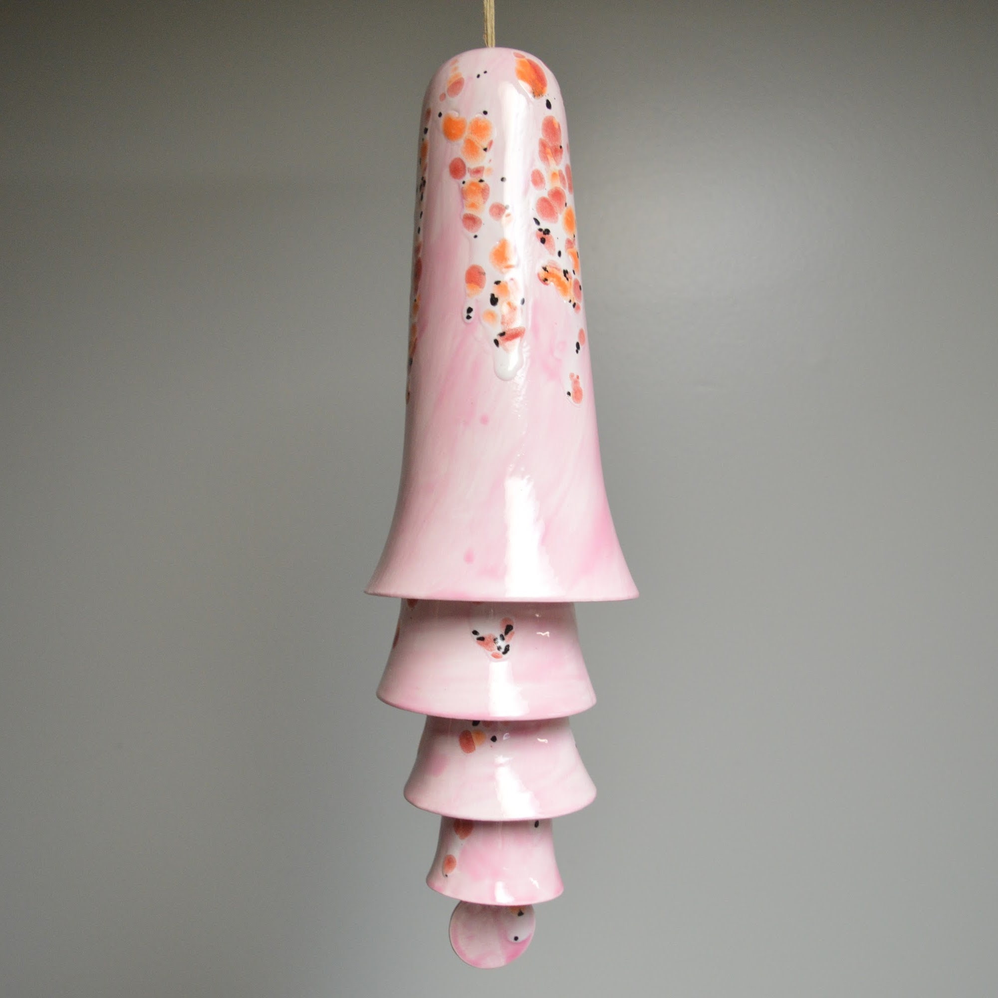 Ceramic Pink Cone Bell Gradient Wind Chime Layered Hanging Decor for Home Wall Display
