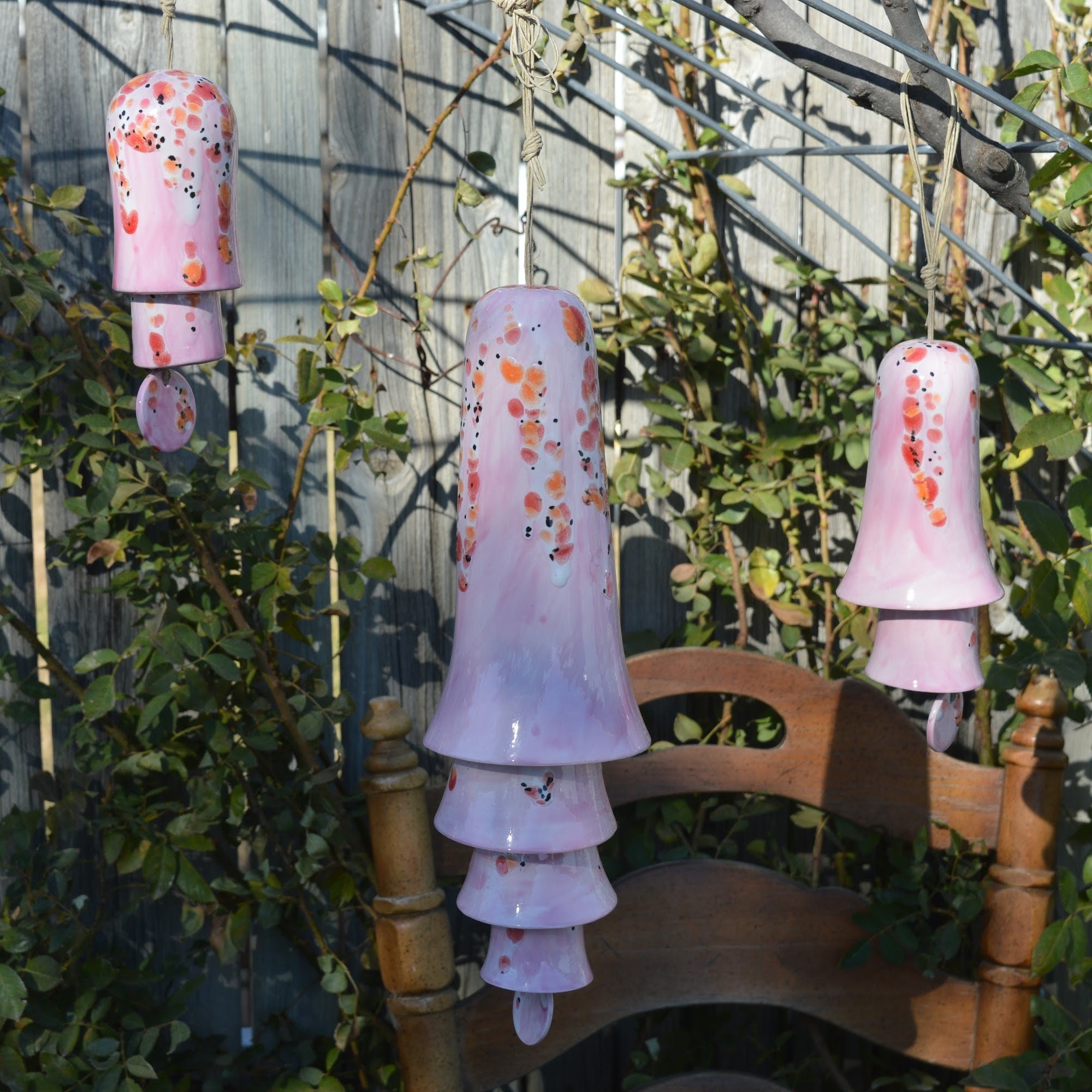 Ceramic Pink Cone Bell Gradient Wind Chime Layered Hanging Decor for Home Wall Display