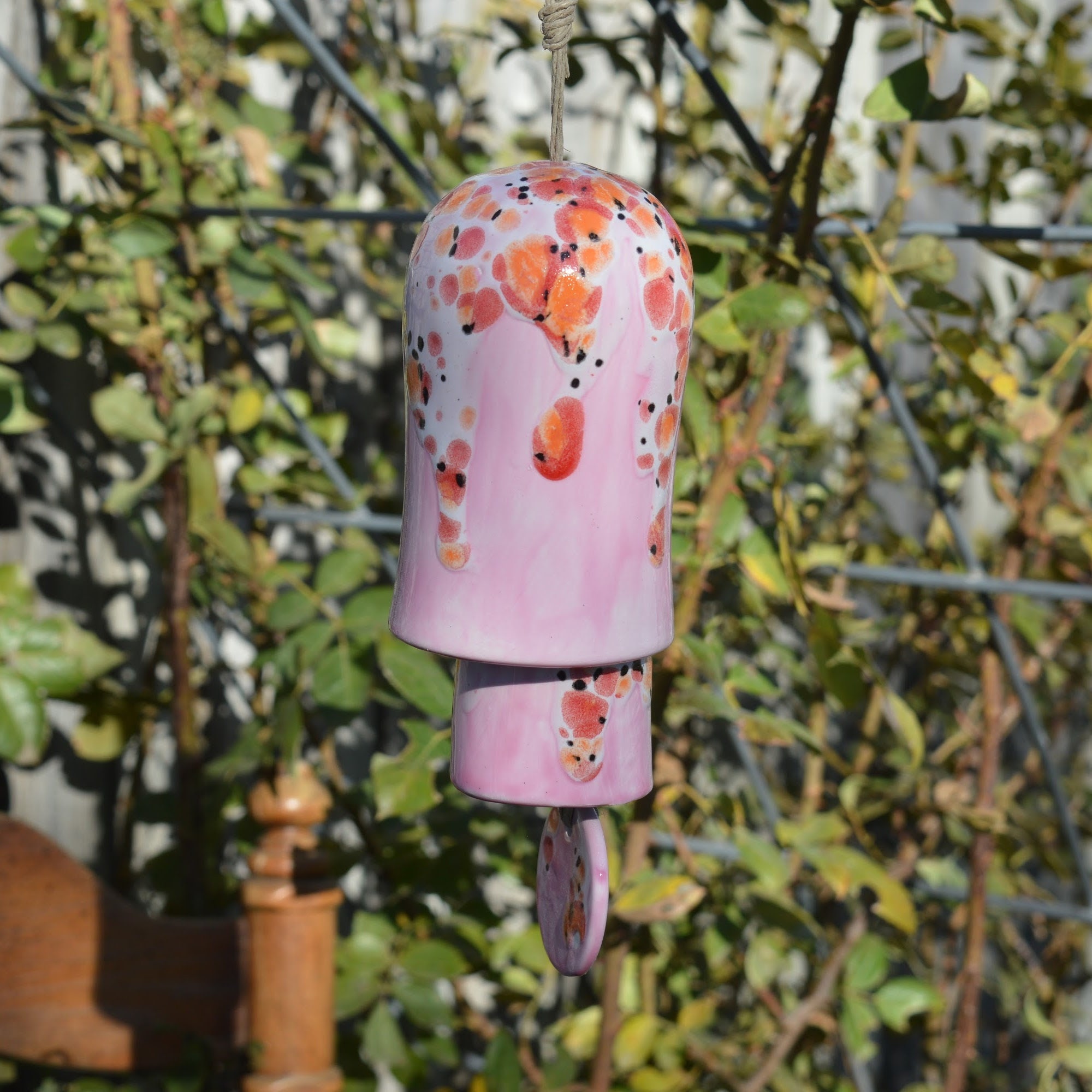 Ceramic Pink Koi Pattern Wind Chime Painted Hanging Decor for Home Entry Display