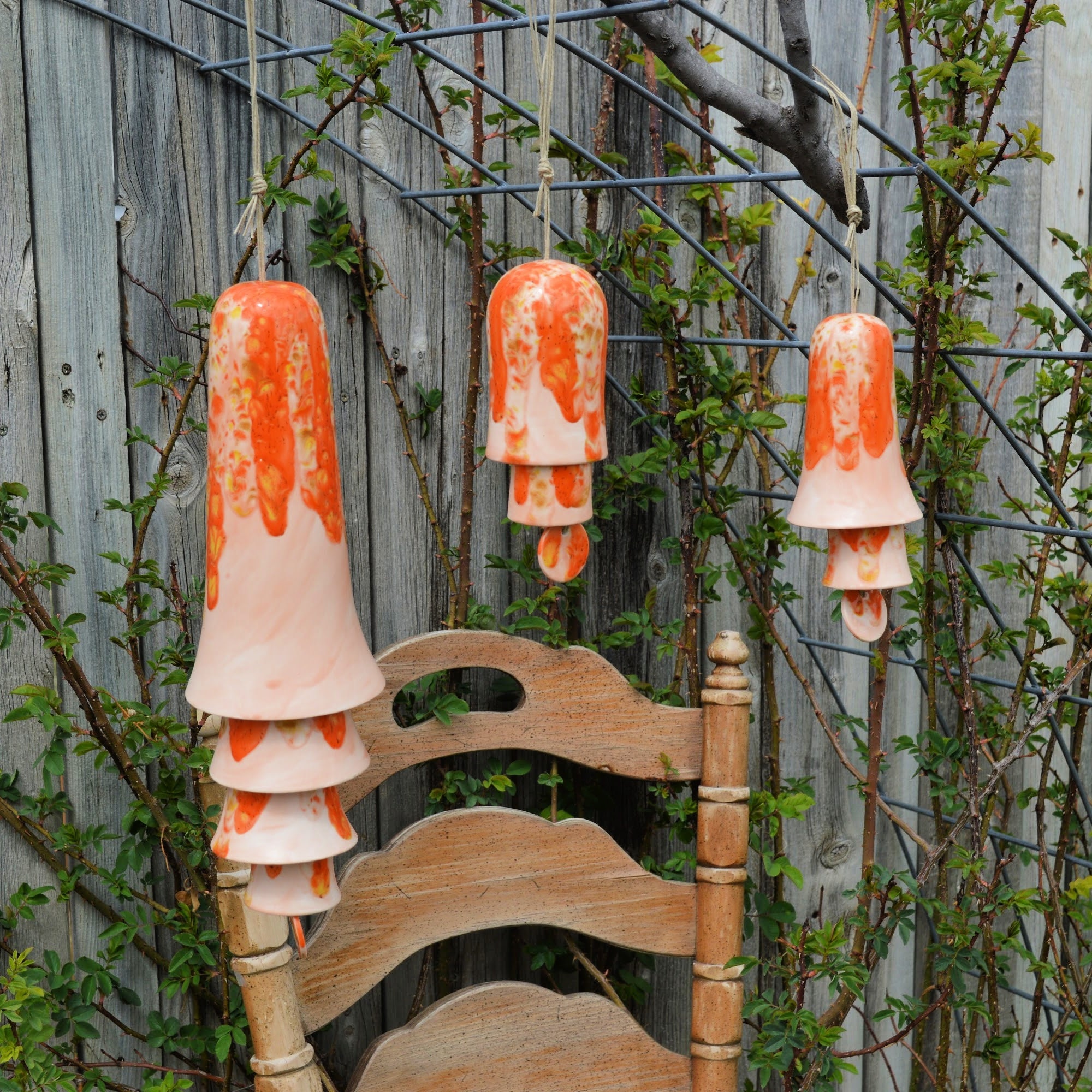 Ceramic Orange Beige Glaze Wind Chime Layered Hanging Decor for Home Patio Display