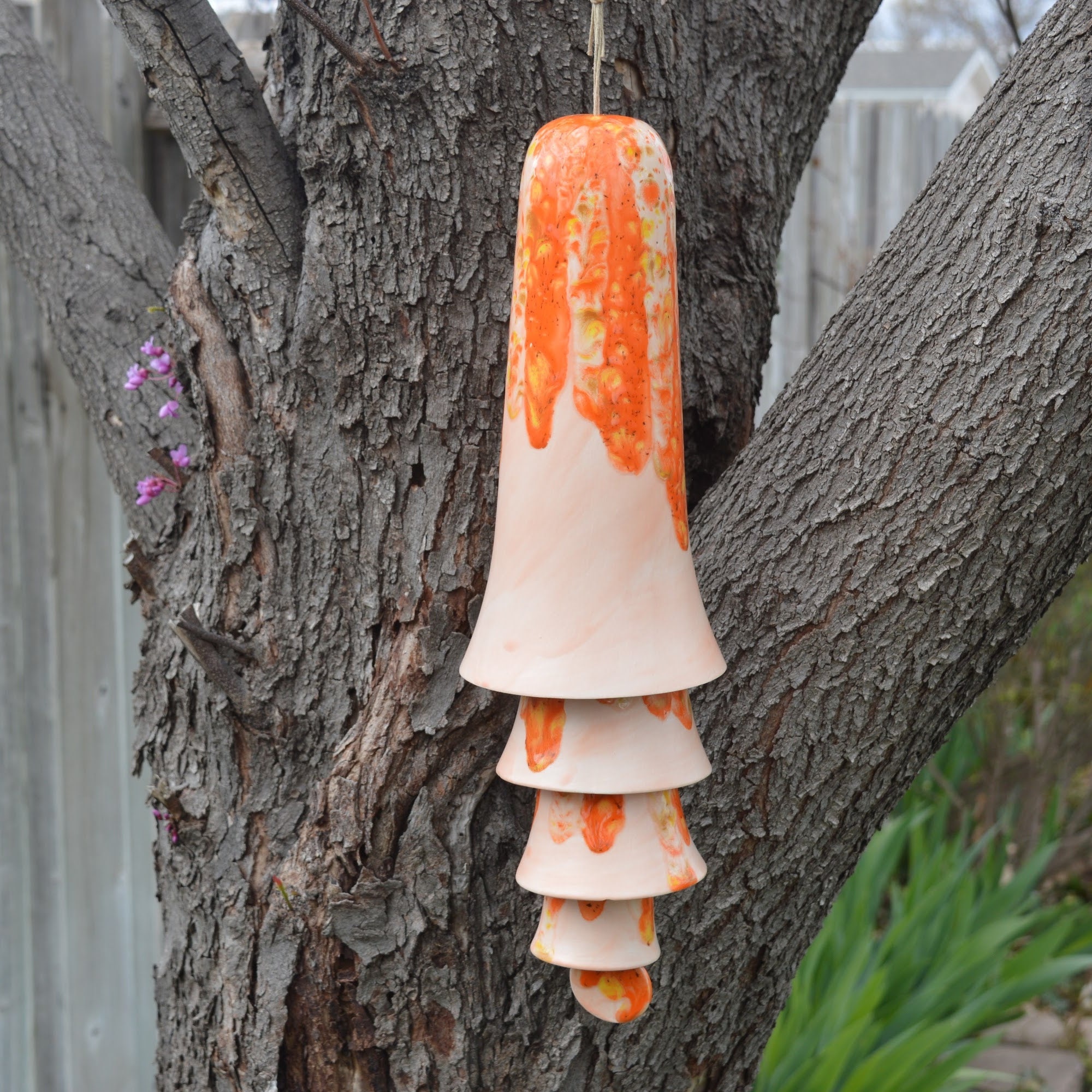 Ceramic Orange Beige Glaze Wind Chime Layered Hanging Decor for Home Patio Display