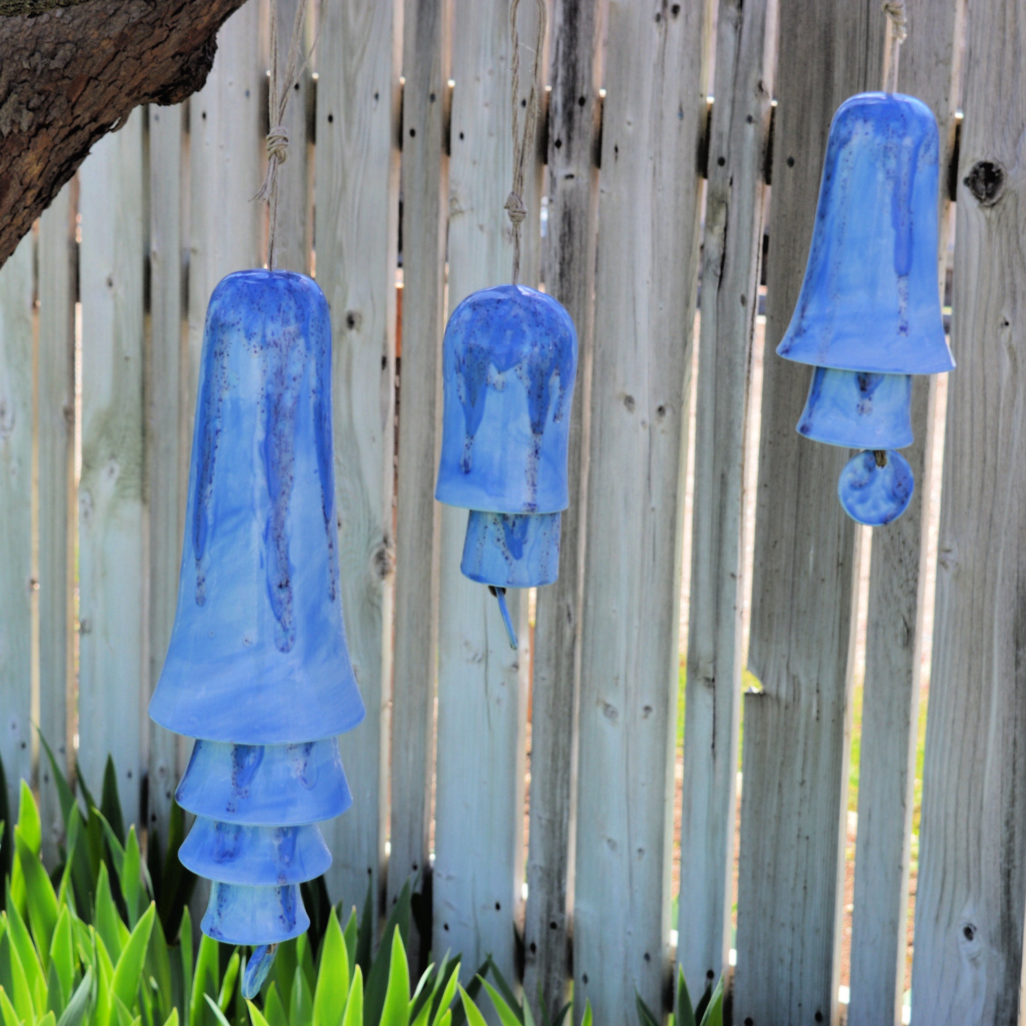 Ceramic Light Blue Speckled Glaze Wind Chime Layered Hanging Decor for Home Wall Display