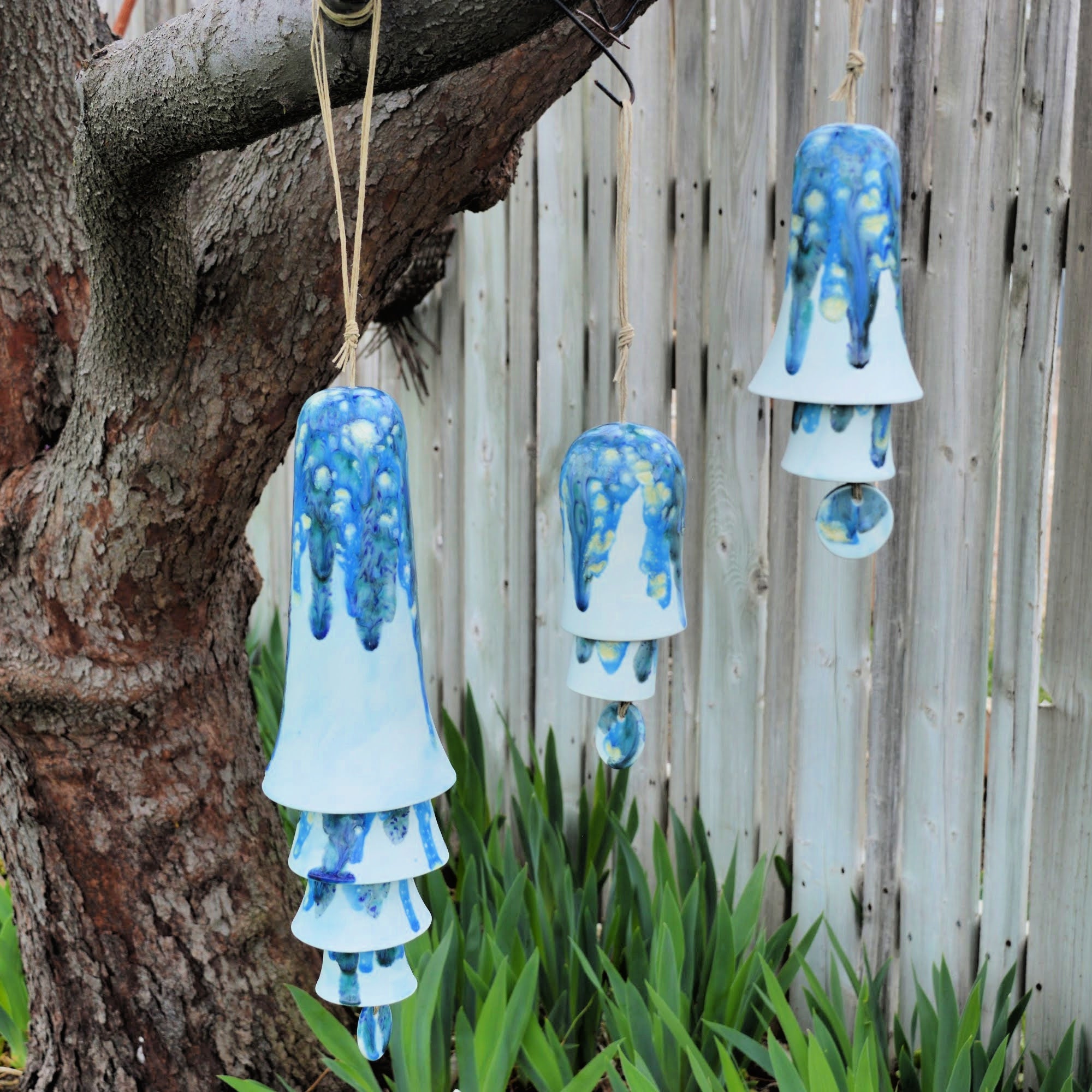Ceramic Blue Green Glaze Wind Chime Layered Hanging Decor for Home Entryway Display