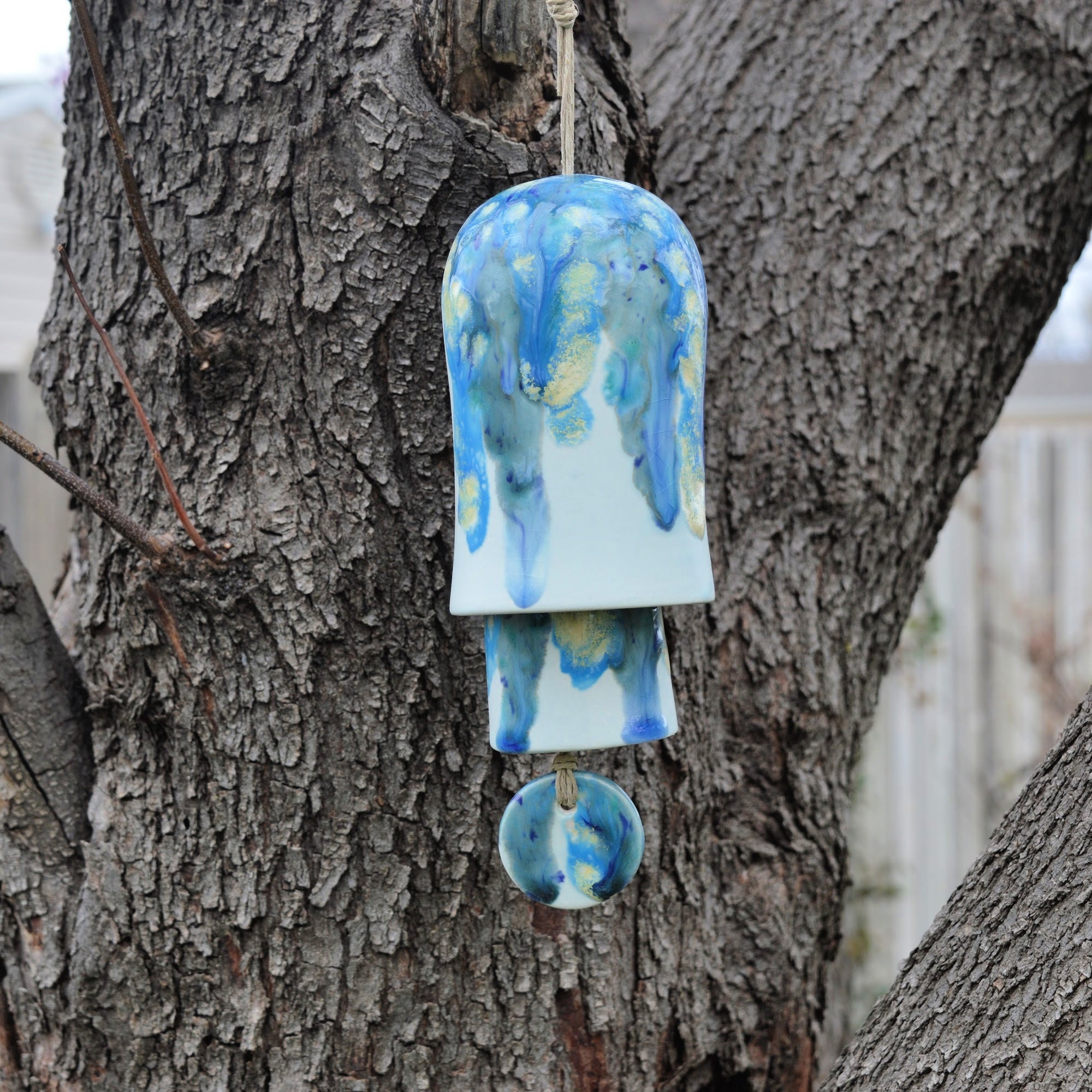 Ceramic Blue Green Glaze Wind Chime Layered Hanging Decor for Home Entryway Display