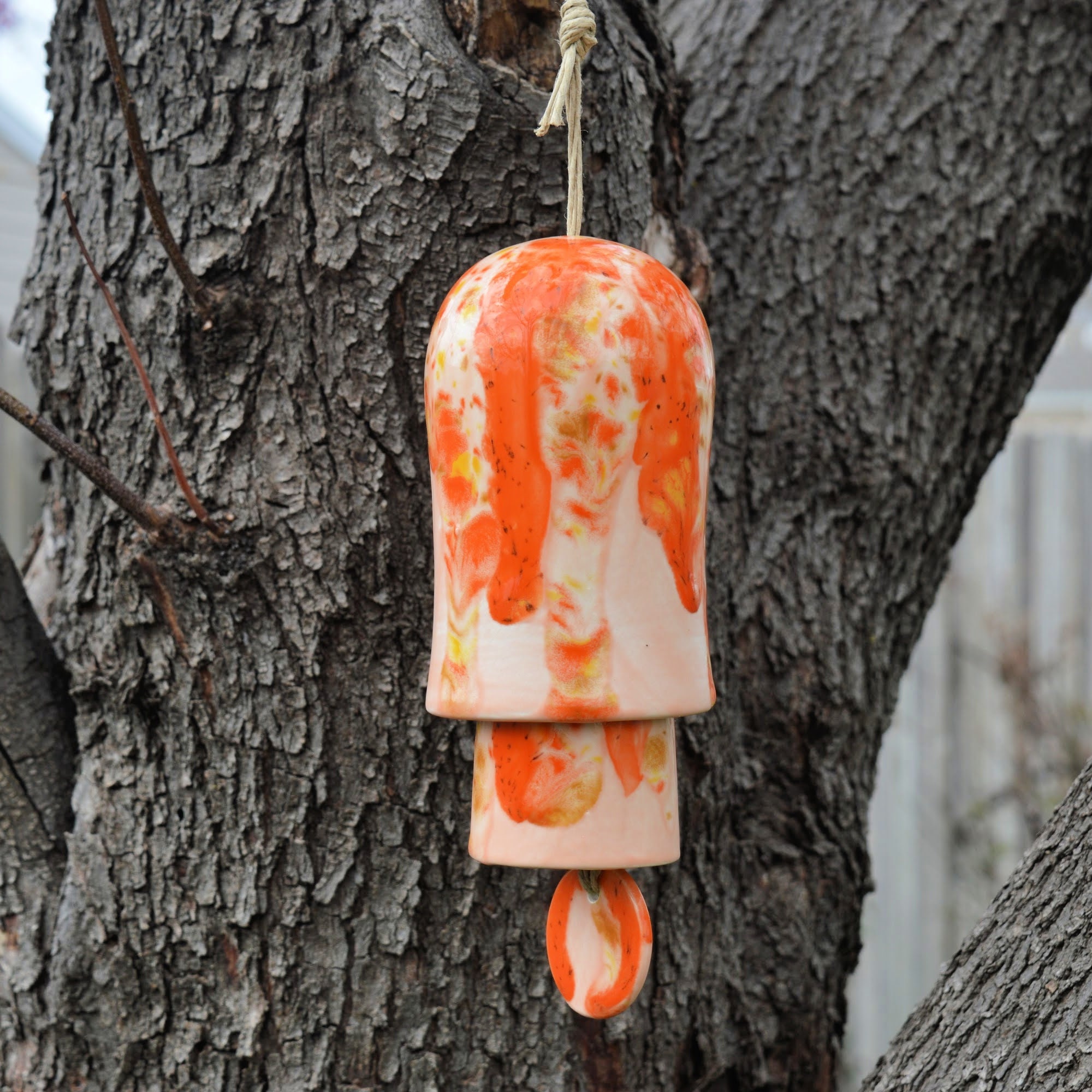 Ceramic Orange Beige Glaze Wind Chime Layered Hanging Decor for Home Patio Display