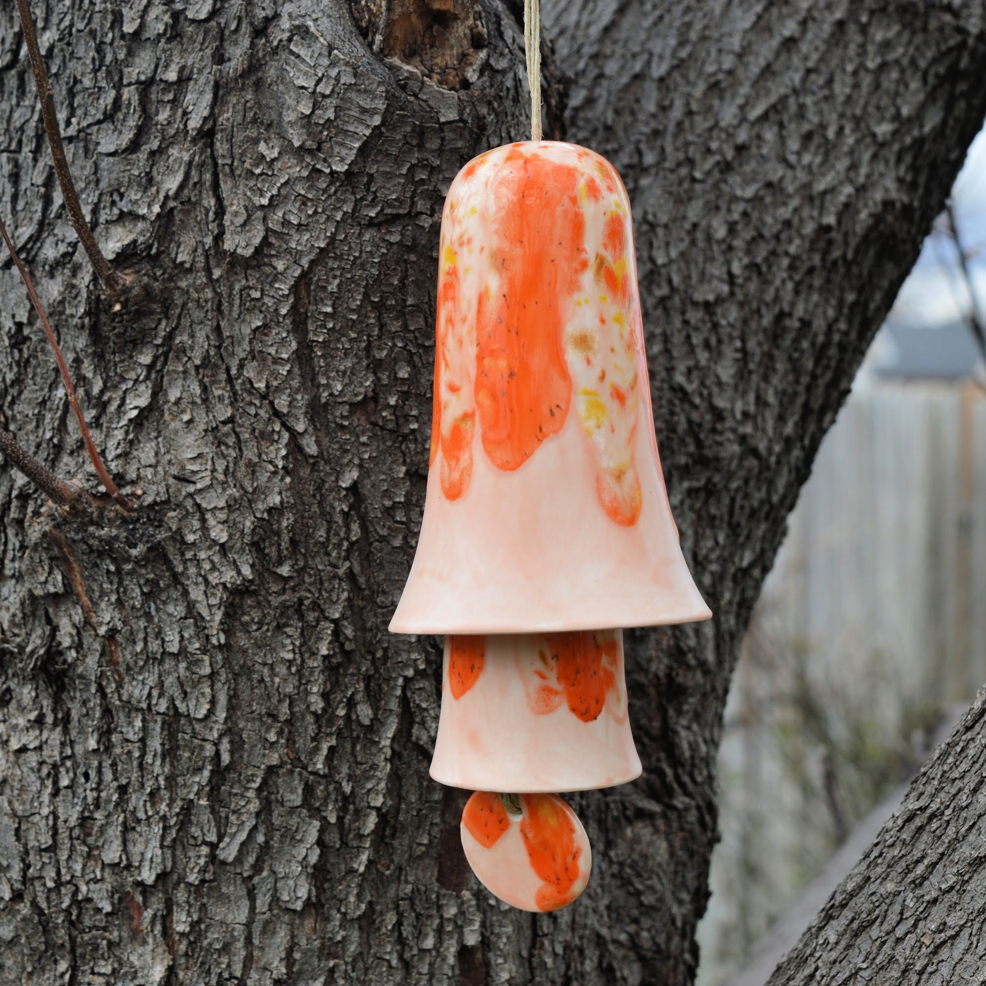 Ceramic Orange Beige Glaze Wind Chime Layered Hanging Decor for Home Patio Display