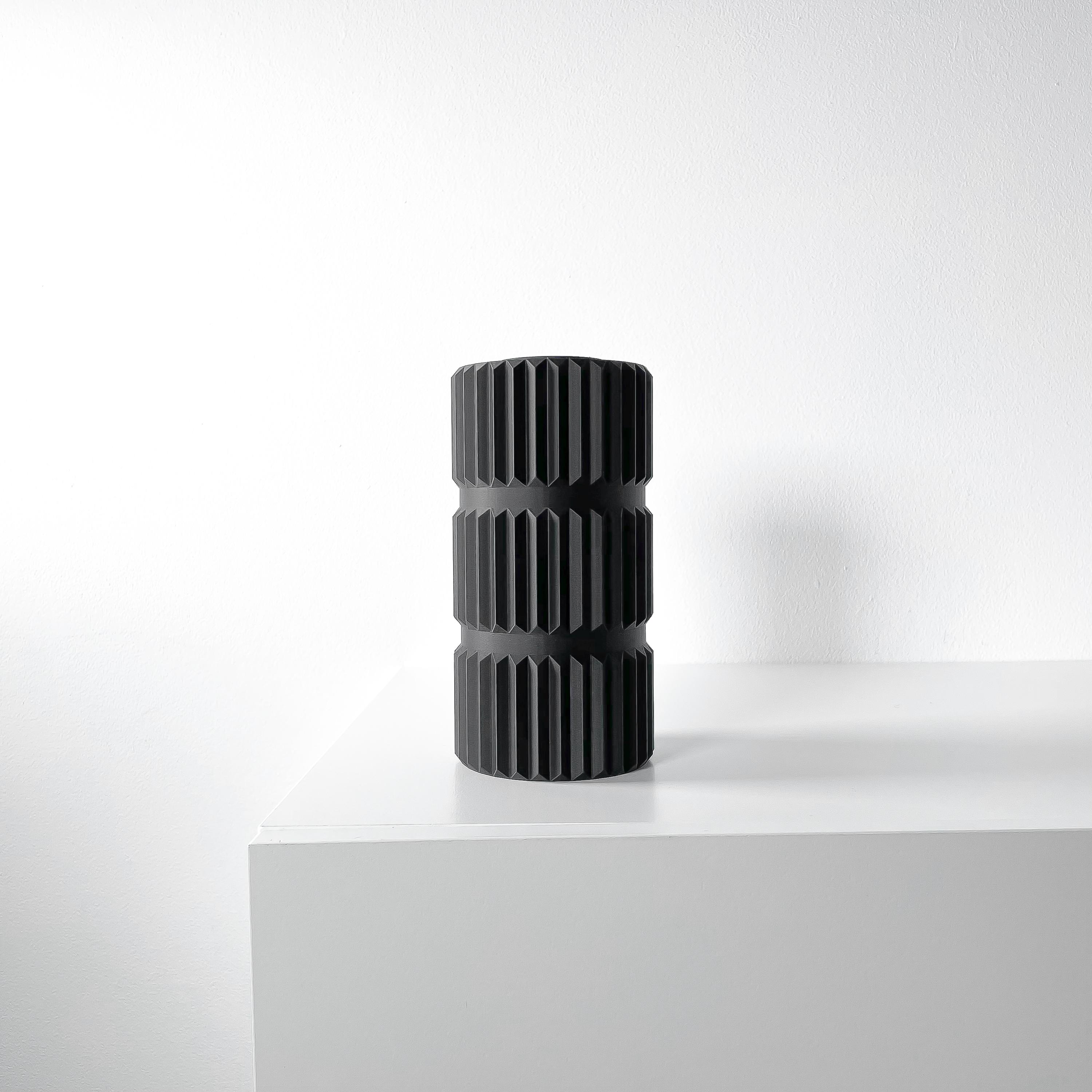 Black Geometric Decorative Vase with Vertical Ridges for Home Interiors