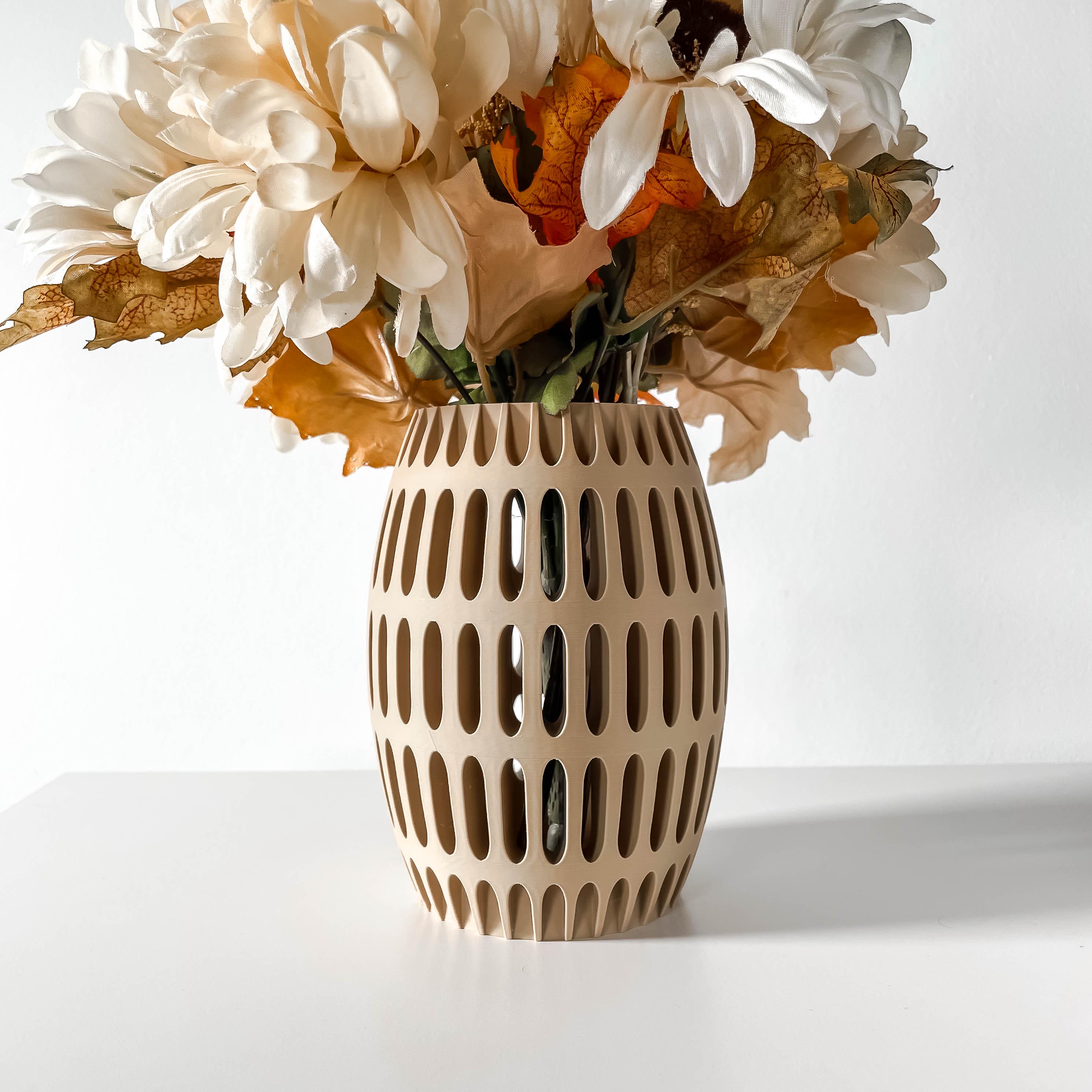 Beige Cutout Decorative Vase with Sculptural Oval Design for Home Interiors