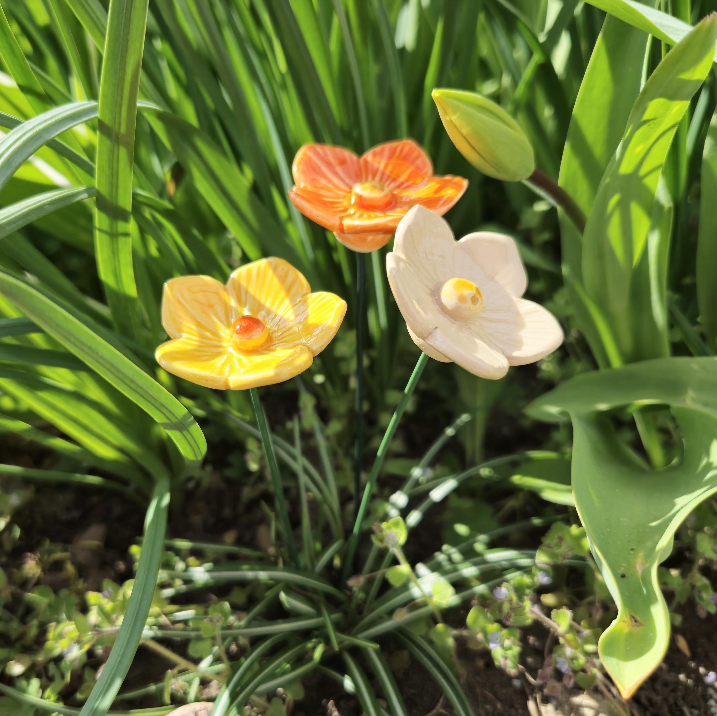 Ceramic Flower Garden Stake Outdoor Yard Decor