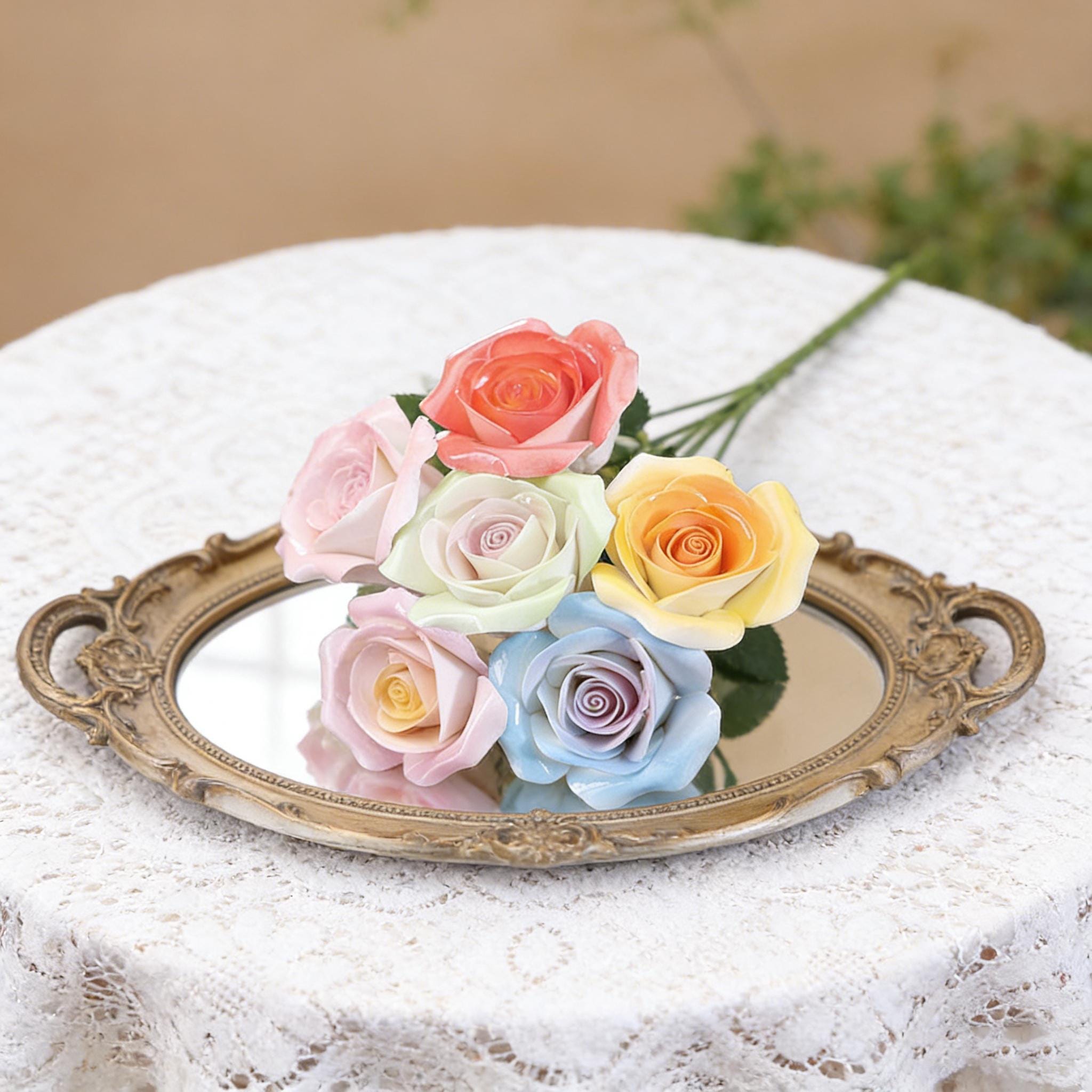 Multicolor Ceramic Rose Bouquet | Mini Handcrafted Pastel Rose Stems | DIY Home Decor, Vase Filler, Tabletop Floral Accent, Gift for Her
