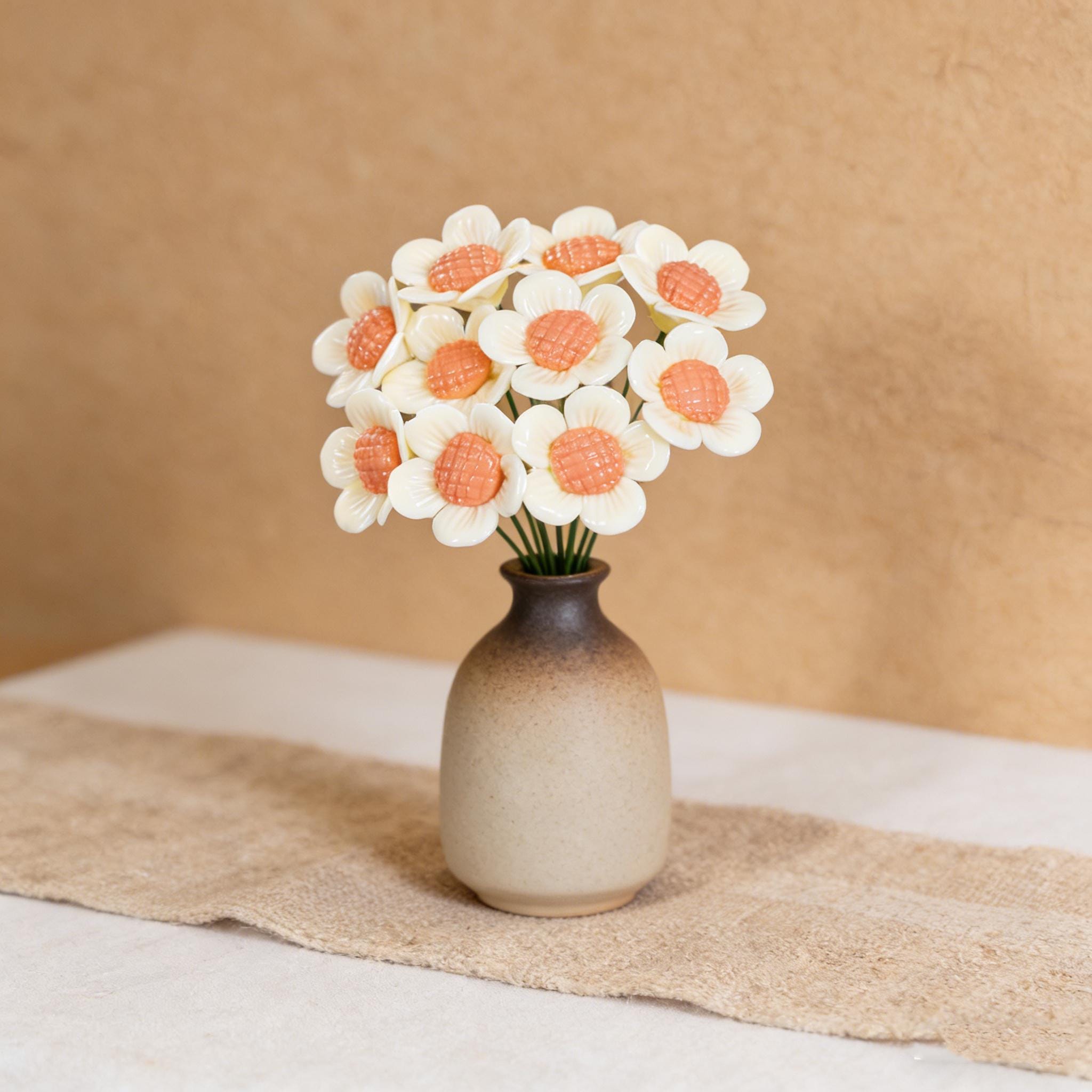 Ceramic Daisy Bouquet, Vase Flower Arrangement, Home Tabletop Decor