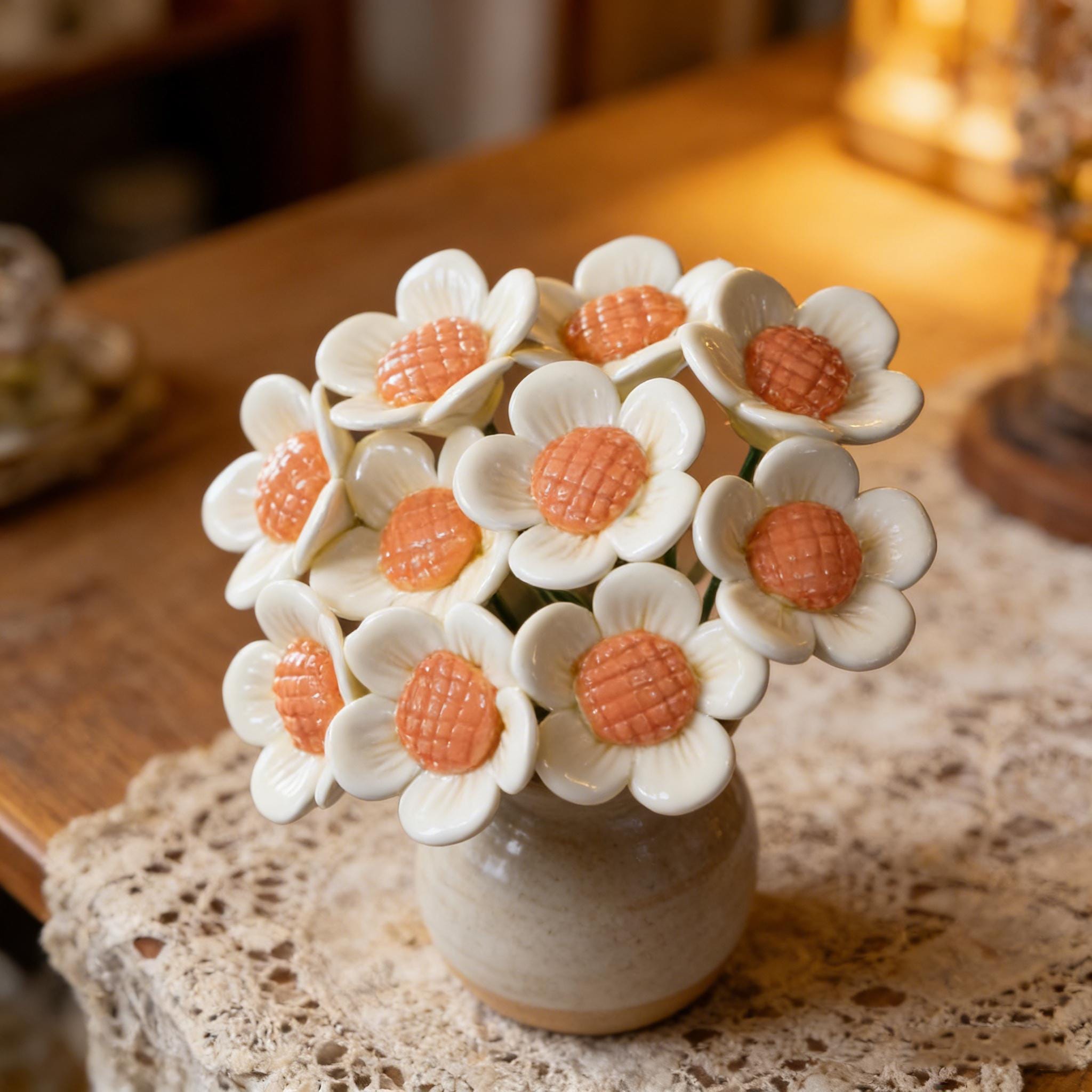 Ceramic Daisy Bouquet, Vase Flower Arrangement, Home Tabletop Decor