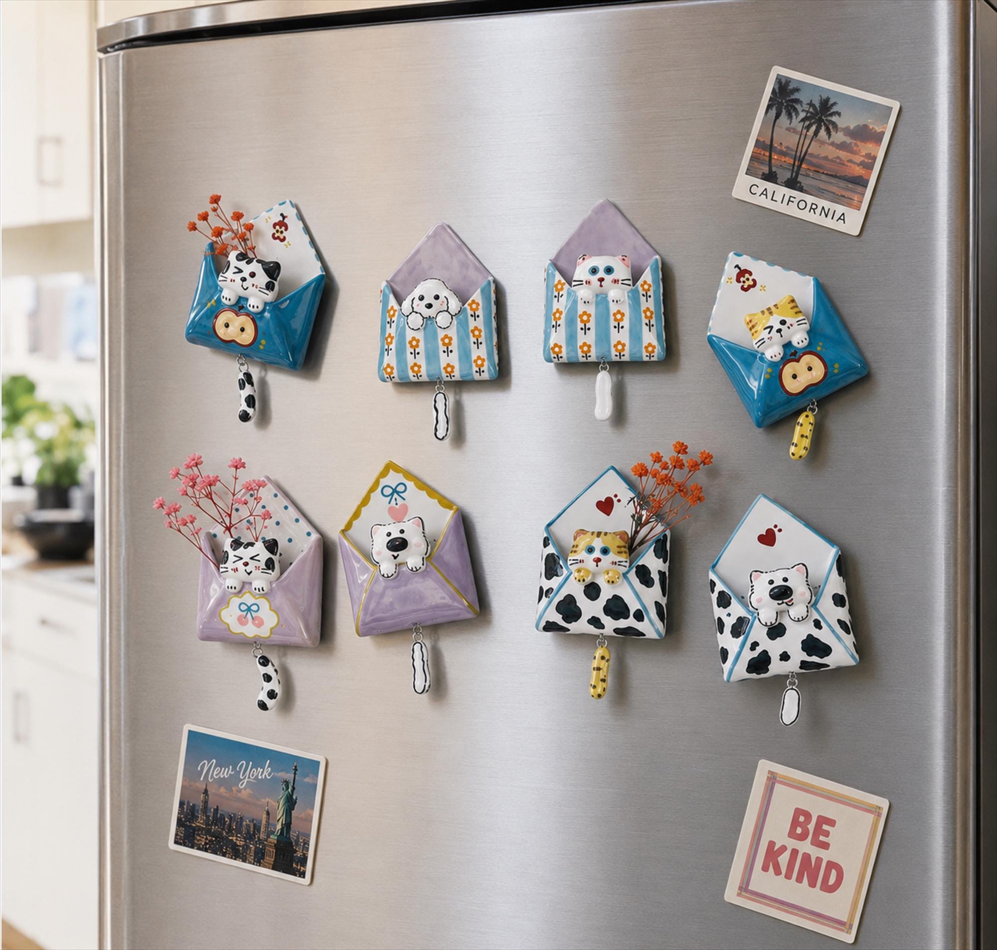 Ceramic Envelope‑Style Fridge Magnets Animal Decorative Pieces for Home Kitchen Display