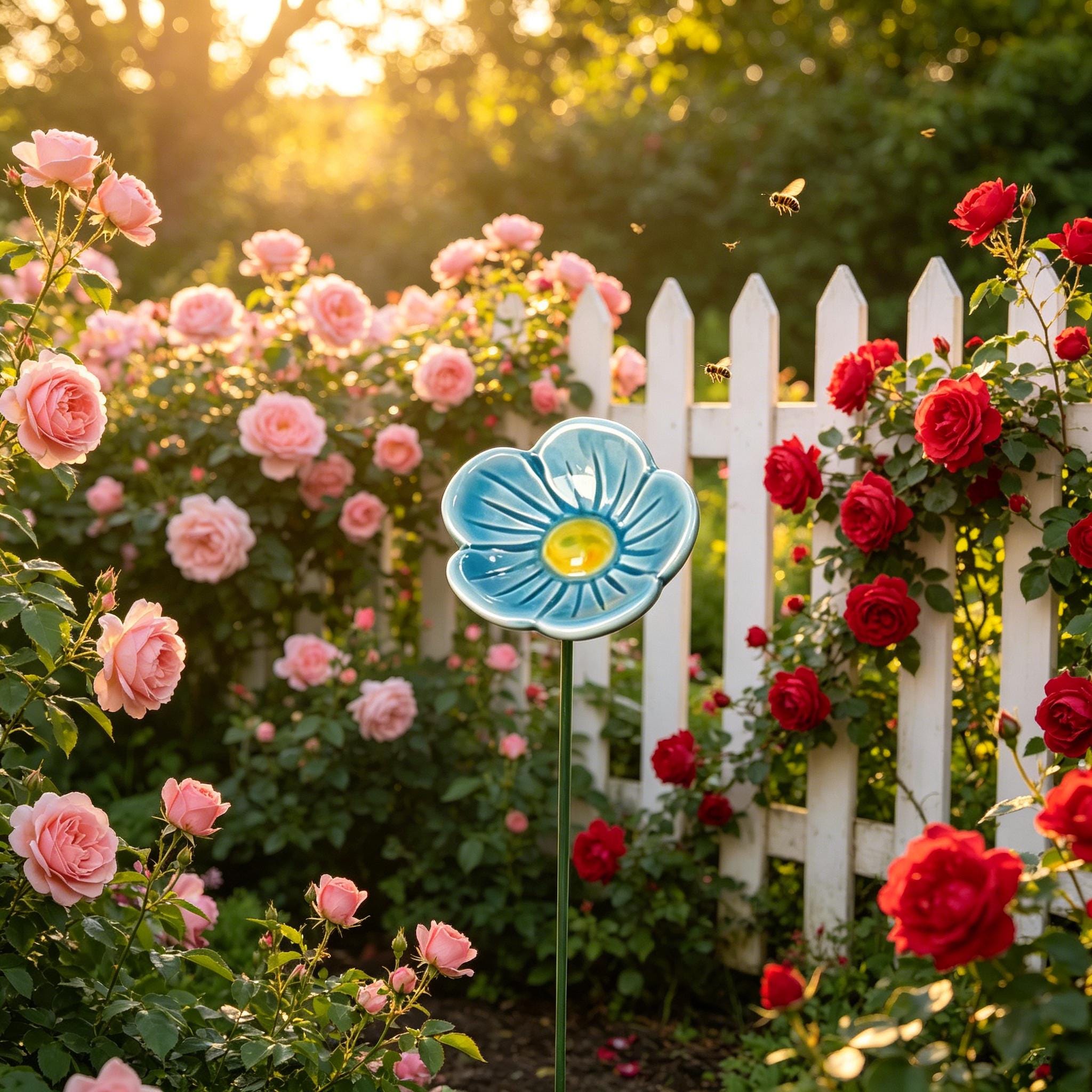 Ceramic Flower-Shaped Bee Watering Station, Garden & Yard Ornament