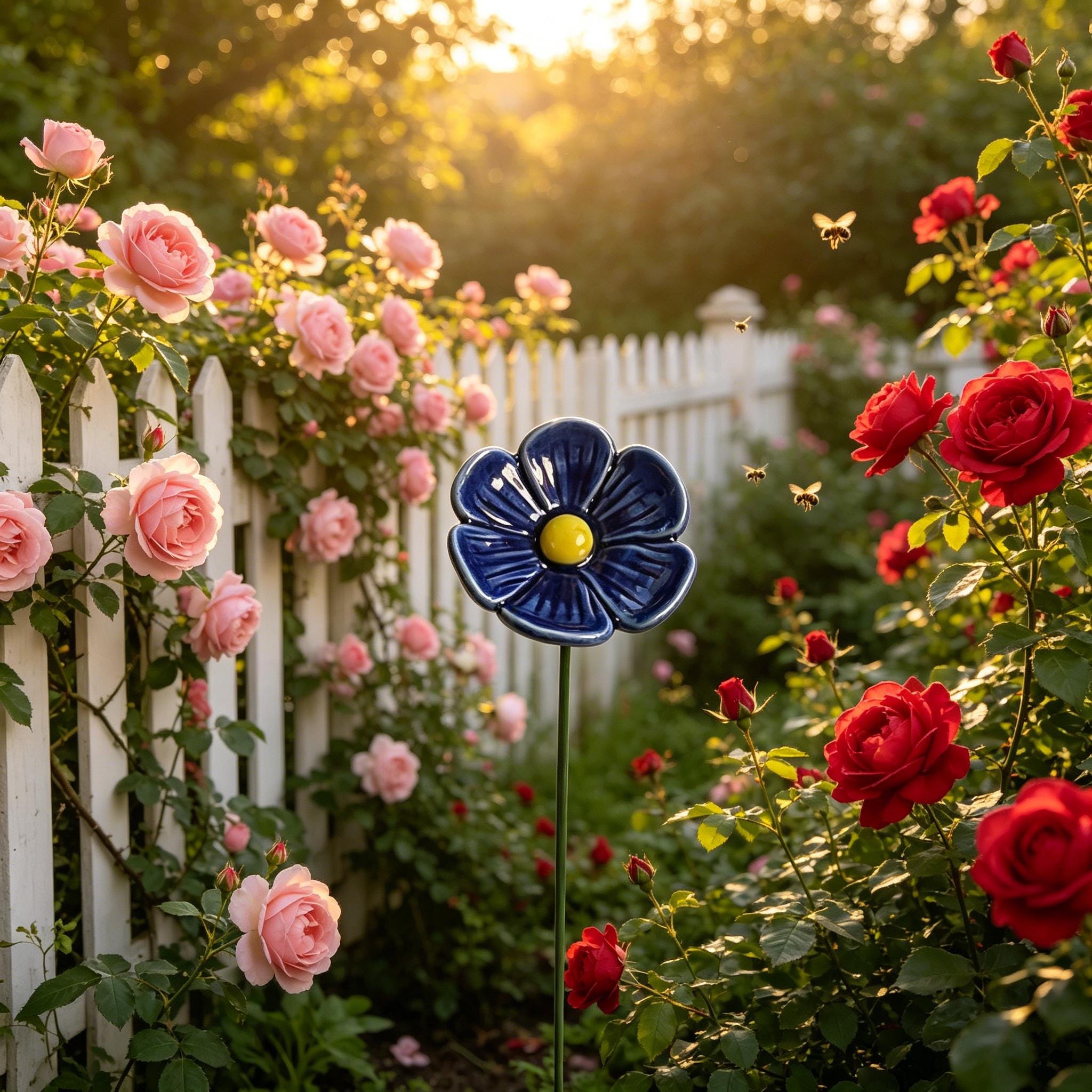 Ceramic Flower-Shaped Bee Watering Station, Garden & Yard Ornament