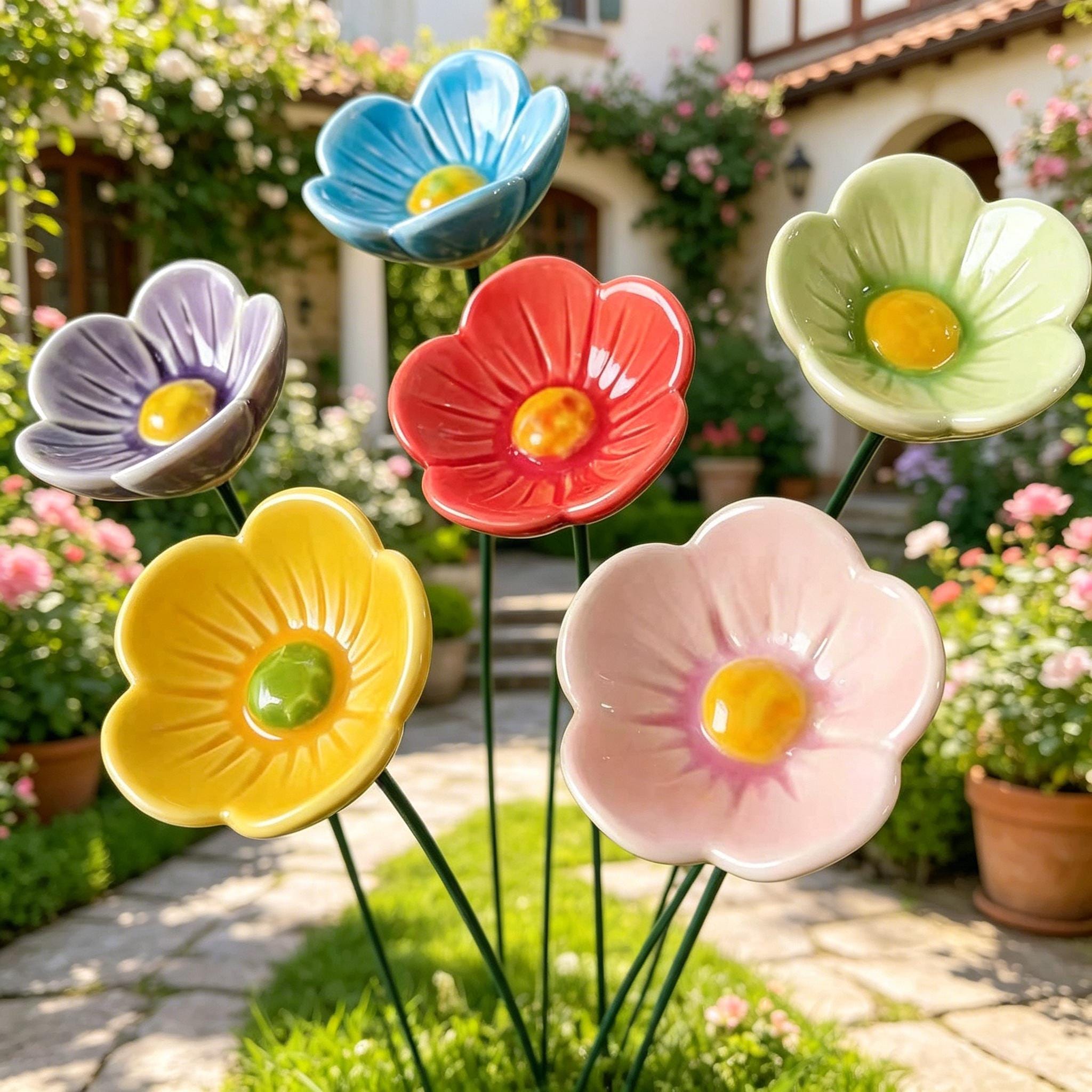 Ceramic Flower-Shaped Bee Watering Station, Garden & Yard Ornament