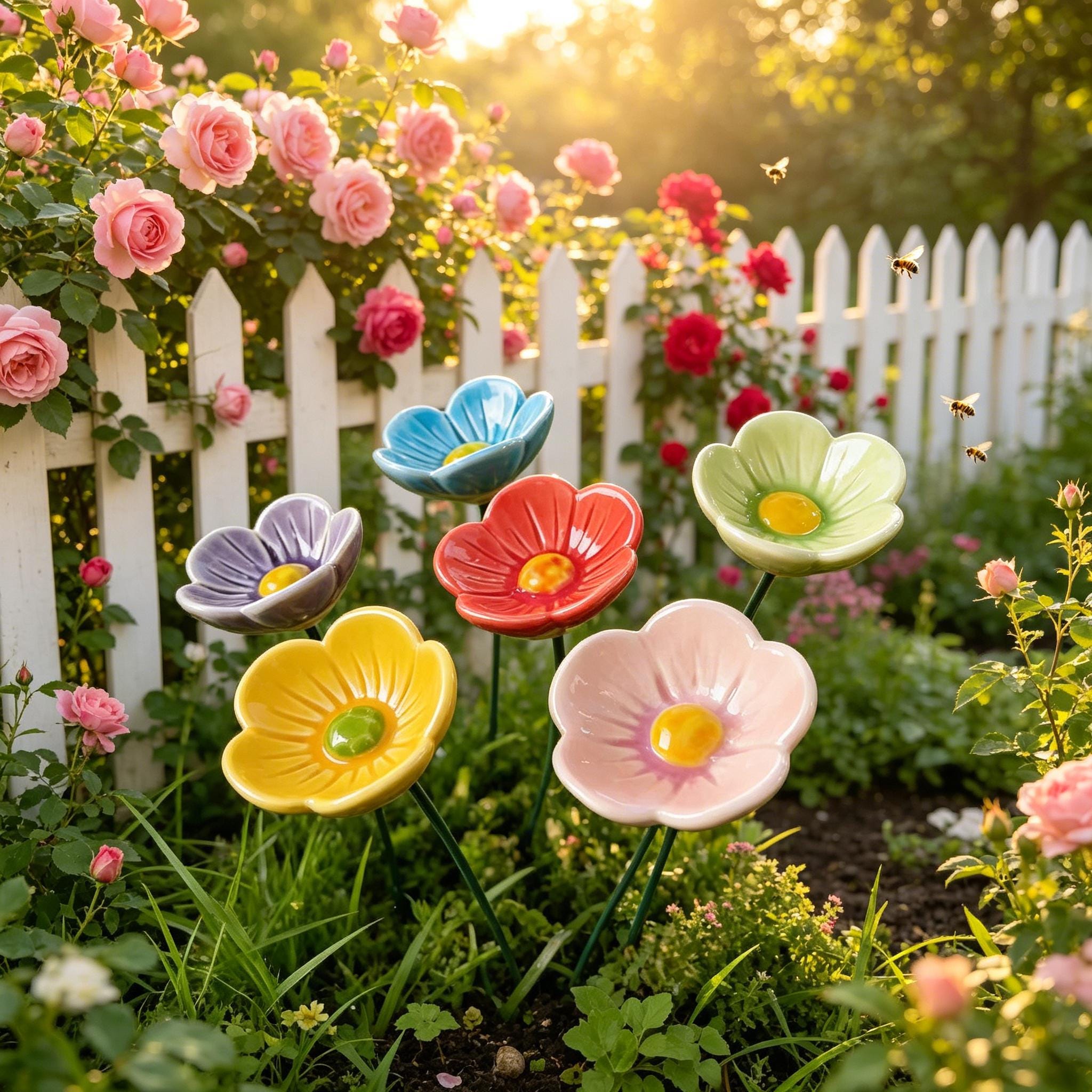 Ceramic Flower-Shaped Bee Watering Station, Garden & Yard Ornament
